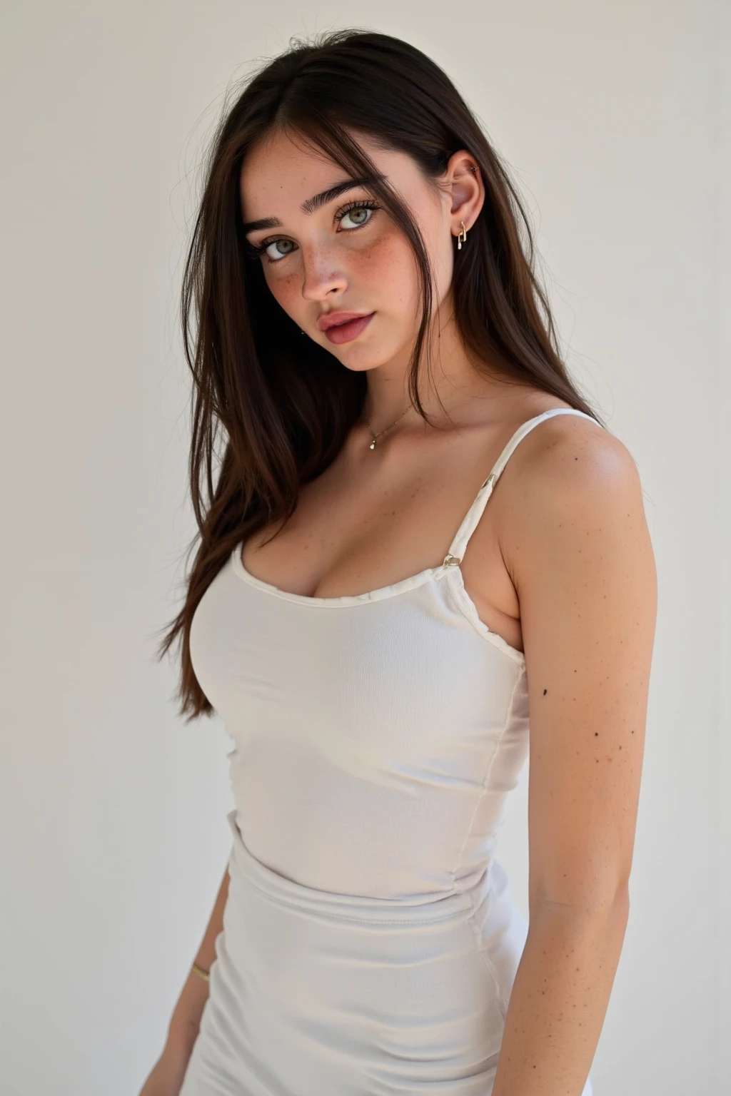 1 girl looking in camera, Her hair is long, She is beautiful, She has a very beautiful face, She has pale skin, She has clear skin, She is dressed in a white top and skirt, c-cup breast, Her shoulders are bare, Beautiful lighting, beste-Qualit, Excellent quality, Excellent quality, Brilliant lighting, evening light, Dark lighting, little light