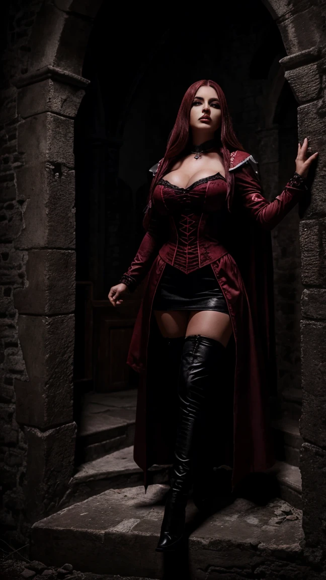 full body picture, 25 year old girl, vampire, black hair, short hair, disheveled hair, pale skin, blue eyes, dark red lips, medium breasts, mischievous smile, vampire fangs, black corset with intricate red details, flowing black cape, black pleated skirt, black stockings with one stripe, black and red high heels, black choker, silver cross pendant on plunging necklace, moonlight streaming, light rays, inside of an old church, candlelit, (best quality, 4k, 8k, highres, masterpiece:1.2), ultra-detailed, (realistic, photorealistic, photo-realistic:1.37), HDR, UHD, studio lighting, light source from behind, sharp focus, extreme detail description, professional, vivid colors, dark and mysterious atmosphere, seductive stance, confident stance, legs spread, hypnotic gaze