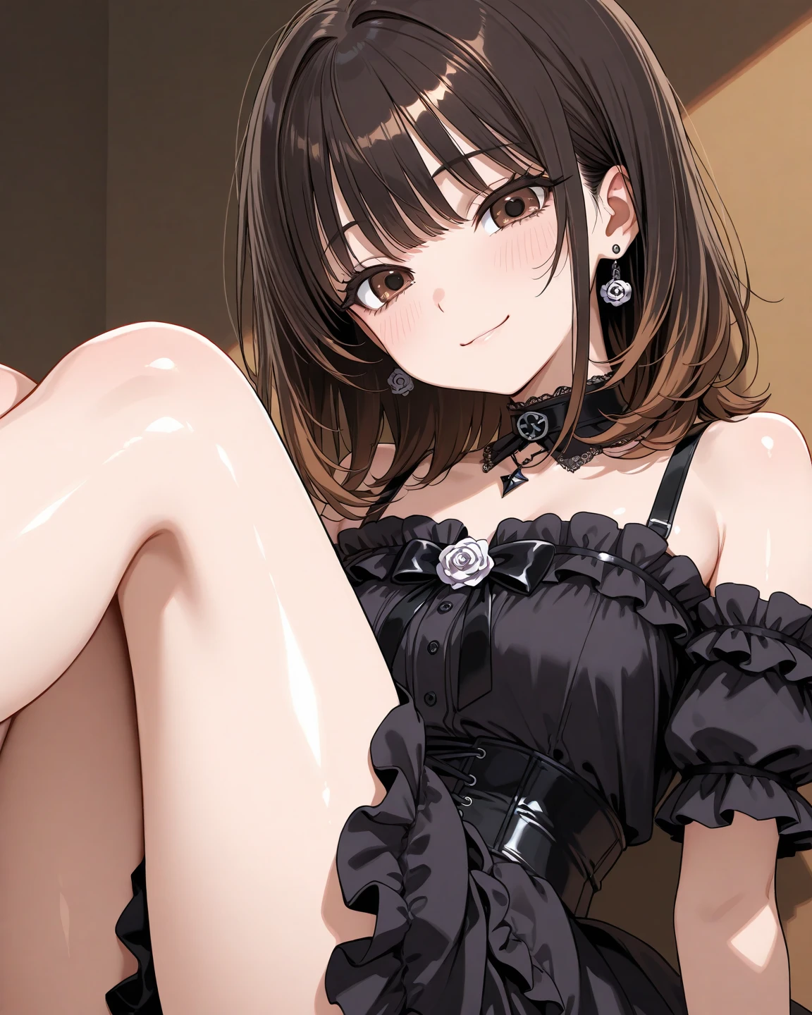 (masterpiece, top quality, high resolution, realistic photos, realistic looking skin:1.1),
(The woman is sitting on a sofa in a hotel lobby:1.8),
(Her dress is so short that you can almost see her panties: 1.8),
(Frontal view looking at her: 1.8),
(She has a smirking, smiling expression on her face:1.8),
(Since this is a hotel, she is not on her thighs, knees, or knees, or in any other manner: 2.0),
(She is wearing a black velvet, long-sleeved, off-the-shoulder mini-dress:1.8),
(She is wearing black, middle boots: 1.8),
(panties are red with a pattern: 1.5),
(bra and panties always come as a set: 1.5),
(Medium ponytail with brown hair:1.5),
(She has a small face:1.5),
(She is 25 years old: 1.5),
(She has D-cup breasts, so you can see her cleavage through her breasts: 1.5),
(The place is a sofa in a hotel lobby:1.5),
1 Japanese girl, solo, full bodied esbian, beautiful eyes, glowing eyes, glowing thighs, NSFW