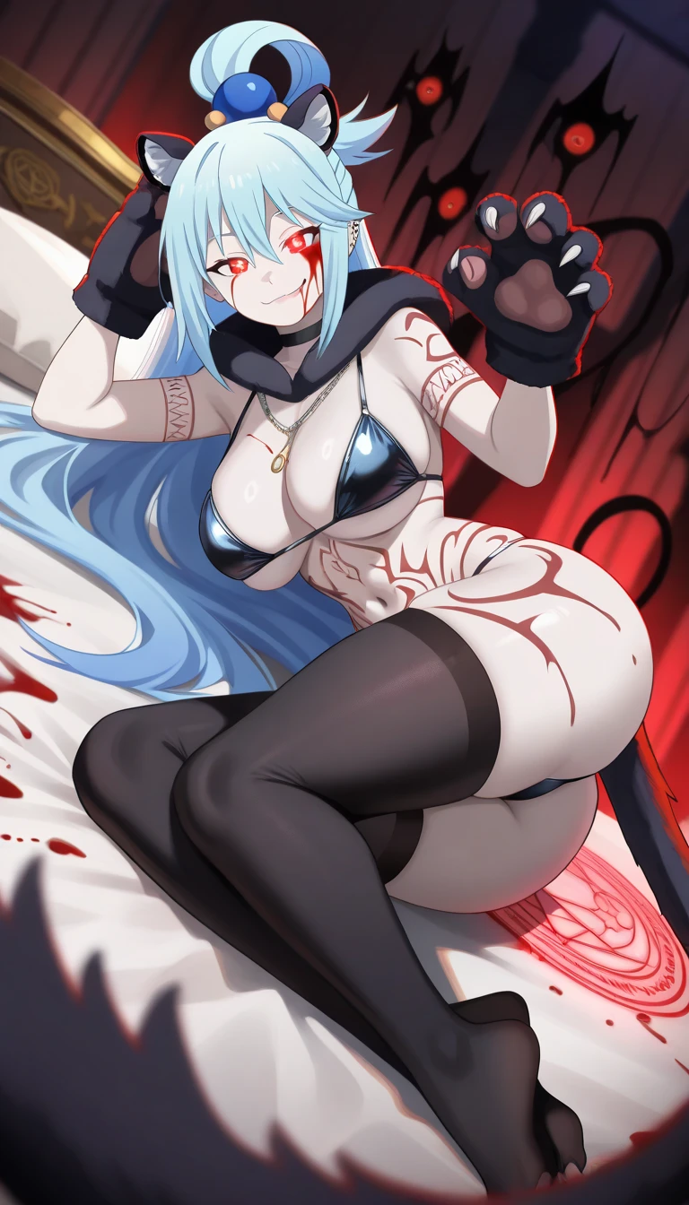 a bloody fantasy illustration of a woman surrounded by male genitalia and a huge cock, 1girl, hetero, penis, cum, breasts, handjob, blindfold, multiple penises, solo focus, 6+boys, paizuri, ejaculation, facial, uncensored, multiple boys, nipples, bukkake