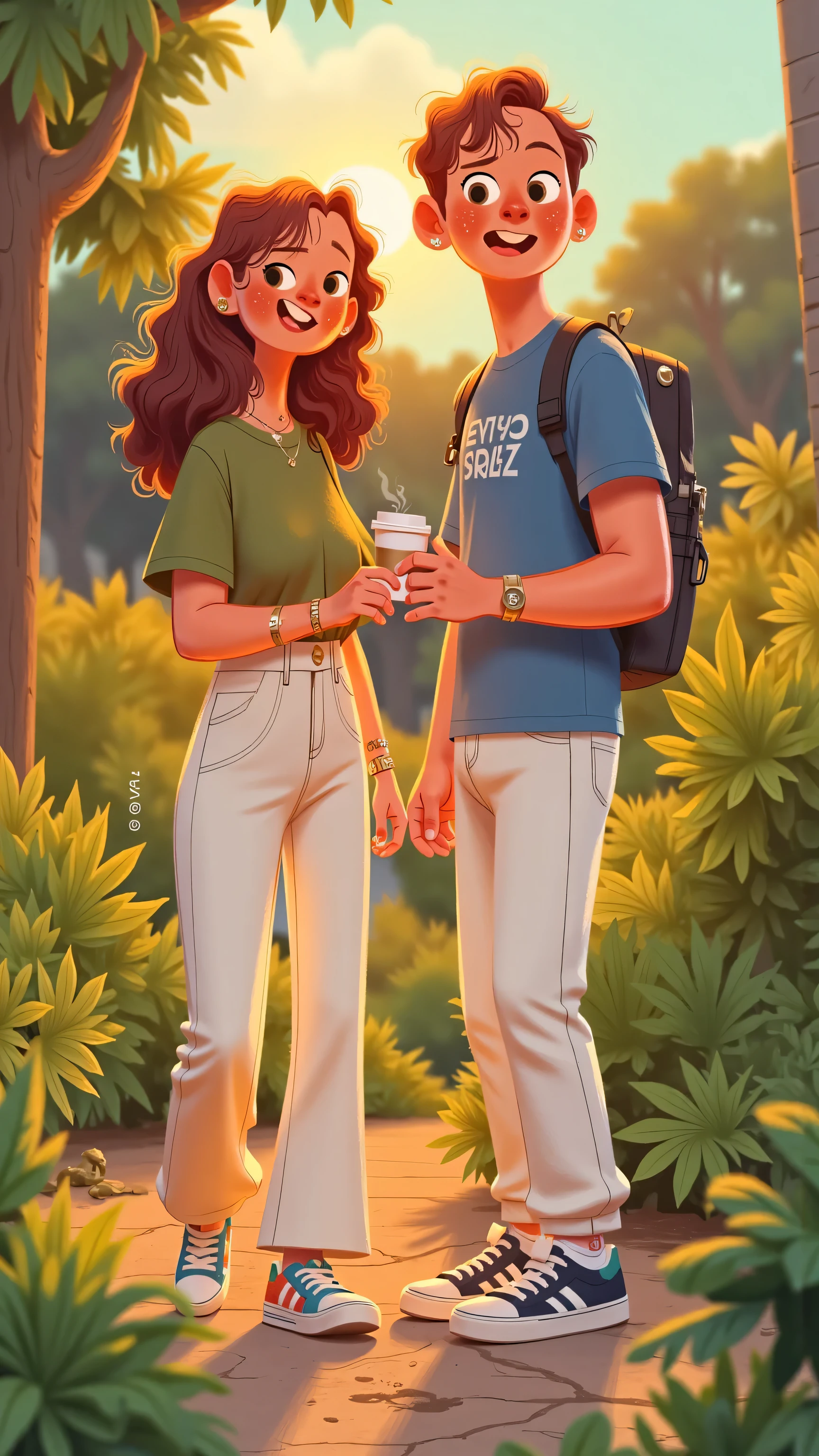 Sweet reunion illustration in the sun:Female protagonist(long brown hair,Wearing a green t-shirt and white flared trousers, colorful sneakers )Move towards the male protagonist(short brown hair, blue t-shirt,white jeans),Smiling and handing over a cup of coffee;The male protagonist took it with surprise,Eyes sparkling。Golden sunlight shines through the two people,The lens has a soft halo。Face-to-face composition of two people looking at each other,Slowly zoom in to capture the warm eyes and sincere smile。Warm pastel tones,Soft brush texture,Natural backlighting ,Cozy and healing atmosphere。