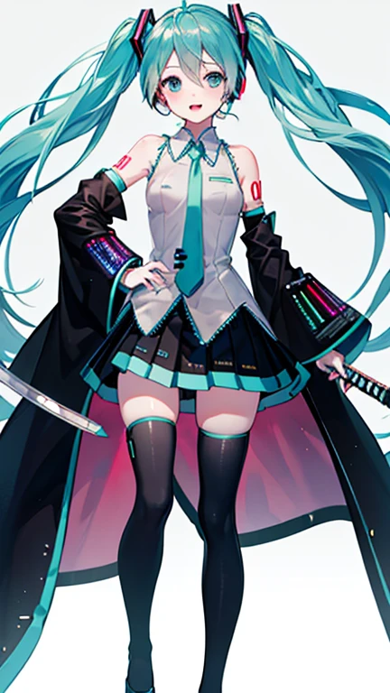 1girl, ghostmiku13, fullbody, standing, mischevious expression, looking at viewer, hair between eyes, hair covering eyes, smile, expressionless, yellow eyes, grey skirt, sleeveless dress, oversized sleeves, big sleeves, long sleeves, see-through skirt, black thighhighs, from below, (ghost), forest, fog, evening,<lora:ghostmiku_02:0.8>