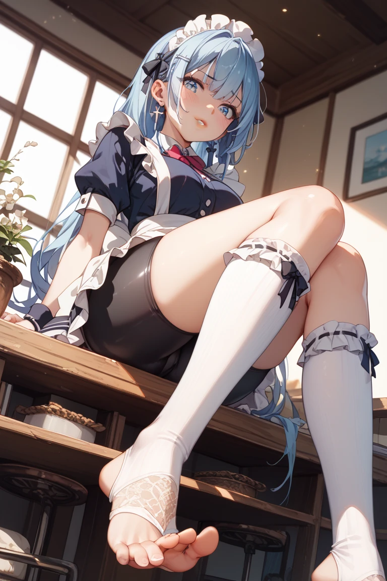 best quality, masterpiece, 1 Girl, Solitary, ferry, long hair, ferryBase, High Leg Raise, Bare shoulders, Jewelry, Sleeveless, White Dress, Blue skirt, Gloves, floor room, floor, Wooden floor, sit, sit on floor, from below, Put your hands on your legs, Smile, soft light, whole body,