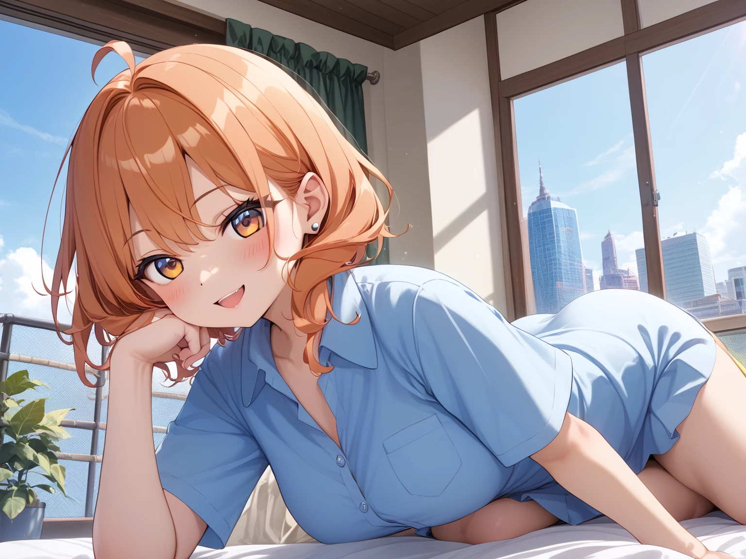 (Crawling on all fours in a hotel bed:1.7),(Oversized shirt 3 sizes larger than women&#39;s&#39;S size:1.7)、(首元が開いて濡れた純白のOversized shirt 3 sizes larger than women&#39;s&#39;S sizeが透けて見える:1.7)、(濡れた純白のOversized shirt 3 sizes larger than women&#39;s&#39;S sizeが垂れ下がって浮いた隙間から見える貧乳:1.3)、(Sexy white pants:1.3)、(Oversized shirt 3 sizes larger than women&#39;s&#39;S sizeと貧乳その間空間:1.3)、(Tiny breasts with flickering cleavage:1.3)、(very small breasts:1.7)、(very small breasts見せ: 1.3)(smile full of happiness:1.3),(((Emphasize small breasts:1.3))),(dynamic angle),(((Dynamic and sexy forward leaning posture:1.7))),(( (wet and shiny skin)))、extremely small breasts、Clothes fluttering in the strong wind、chest slip、one girl、hairpin、necklace、earrings、look up from below、pointed red mouth、cheeks turn red、he sees who is logged in,(shiny silver hair color,Colorful short hair with orange stripes),Tousled hair fluttering in the strong wind,look at the camera,(professional lighting),(8K,pieces fly、highest quality、Ultra high resolution output image、)、written boundary depth、beautiful hands、beautiful fingers、Detailed functions of fingers、Detailed characteristics of hair、detailed facial features、Detailed features of clothing、wet hair、wet body、wet costume、