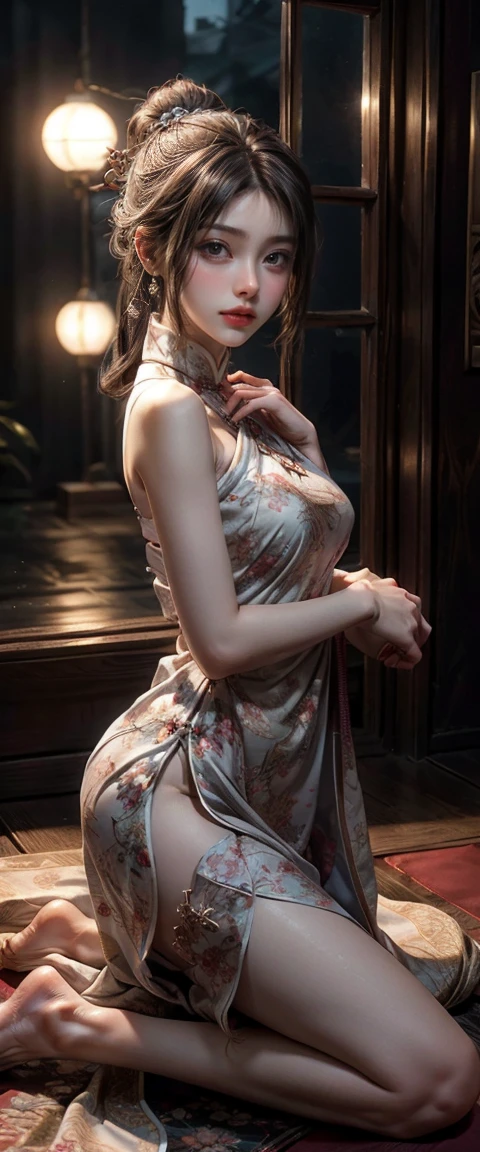 Decorated with intricate patterns and bright colors、Artistic depiction of seductive woman in thin gown with intricate pattern, Floral and fantastic pattern with flowing silky traditional see-through skin。Her dress draped elegantly around her curvaceous figure、Emphasizes her charming silhouette。She is sitting on a chair in a sexy pose on a gentle moonlit night、bathed in the soft glow of moonlight。The scene is、With a hint of mystery and sensuality、It exudes an ethereal dreamy atmosphere。The image style is、It incorporates a blend of watercolor and digital illustration techniques.、It makes you feel delicate beauty and charm。Soft moonlit lighting、Cast gentle highlights and shadows on her mesmerizing features。Sit in a very luxurious upholstered chair、The hand is somewhere、see -through、show through、A sexy、Wet hair、Wet、On the chair、Kneeling、Show your back、