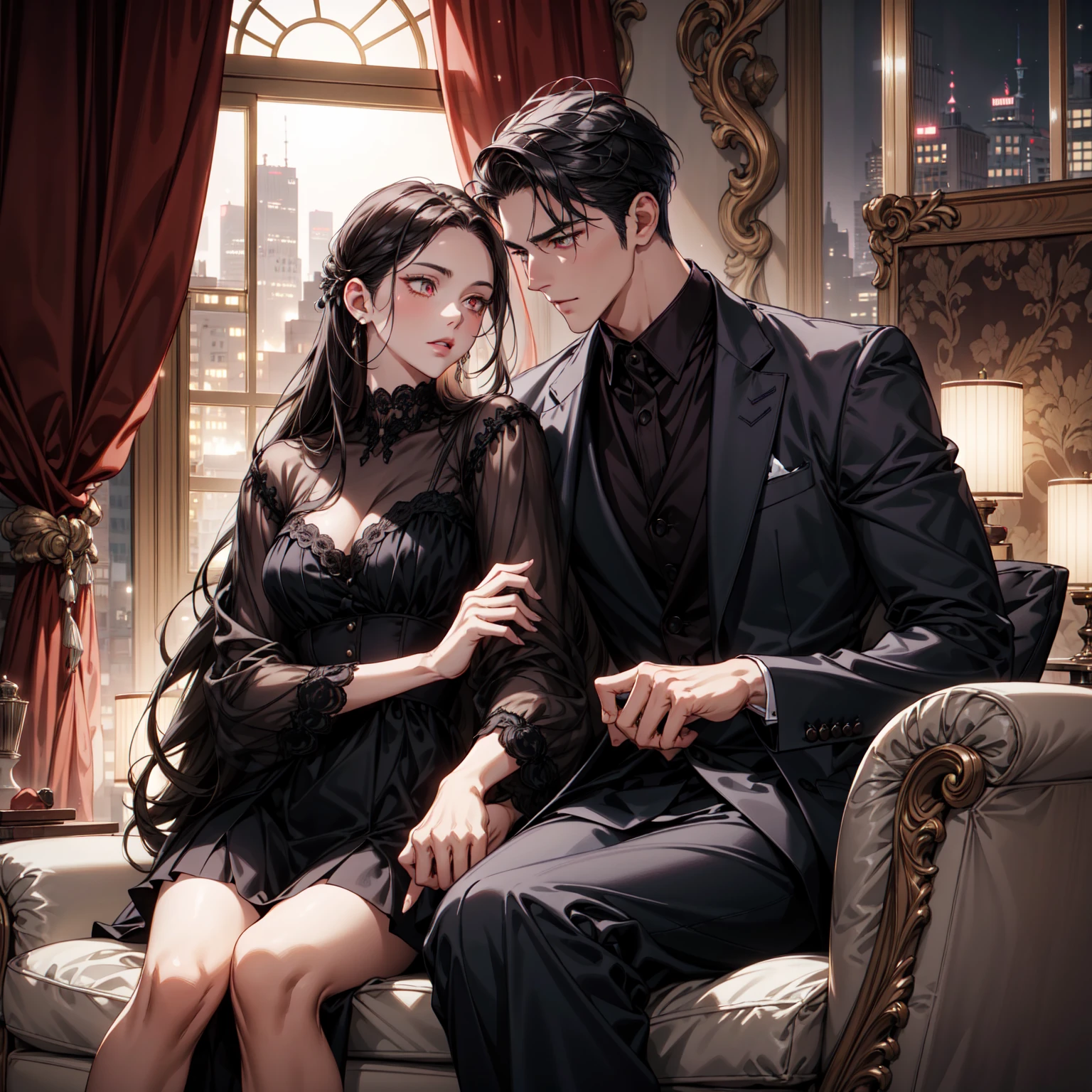 couple, (woman, huge , black dress suit), (man, medium muscles, black suit), sitting, chair, mansion interior, 2d, masterpiece, best quality, extremely detailed:1.3