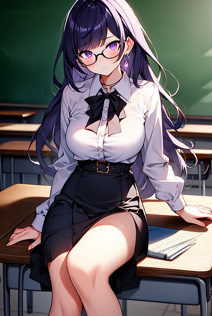 1fille sexy , fille professeur, une fille aux cheveux bruns avec des lunettes, classroom , crayon sur l'oreille, long curly hair, Messy hair, jupe plissée noire, stocking, bas collants, corps mince, porte une veste marron, she closes her left eye, ornement de chemise, seductive pose, yeux aqua, robe, Mini jupe plissée, s'asseoir à la salle de cours, veste ouverte, Lunettes, twintail braided hair, , full details ,hd, beautiful lighting, light effects, ,