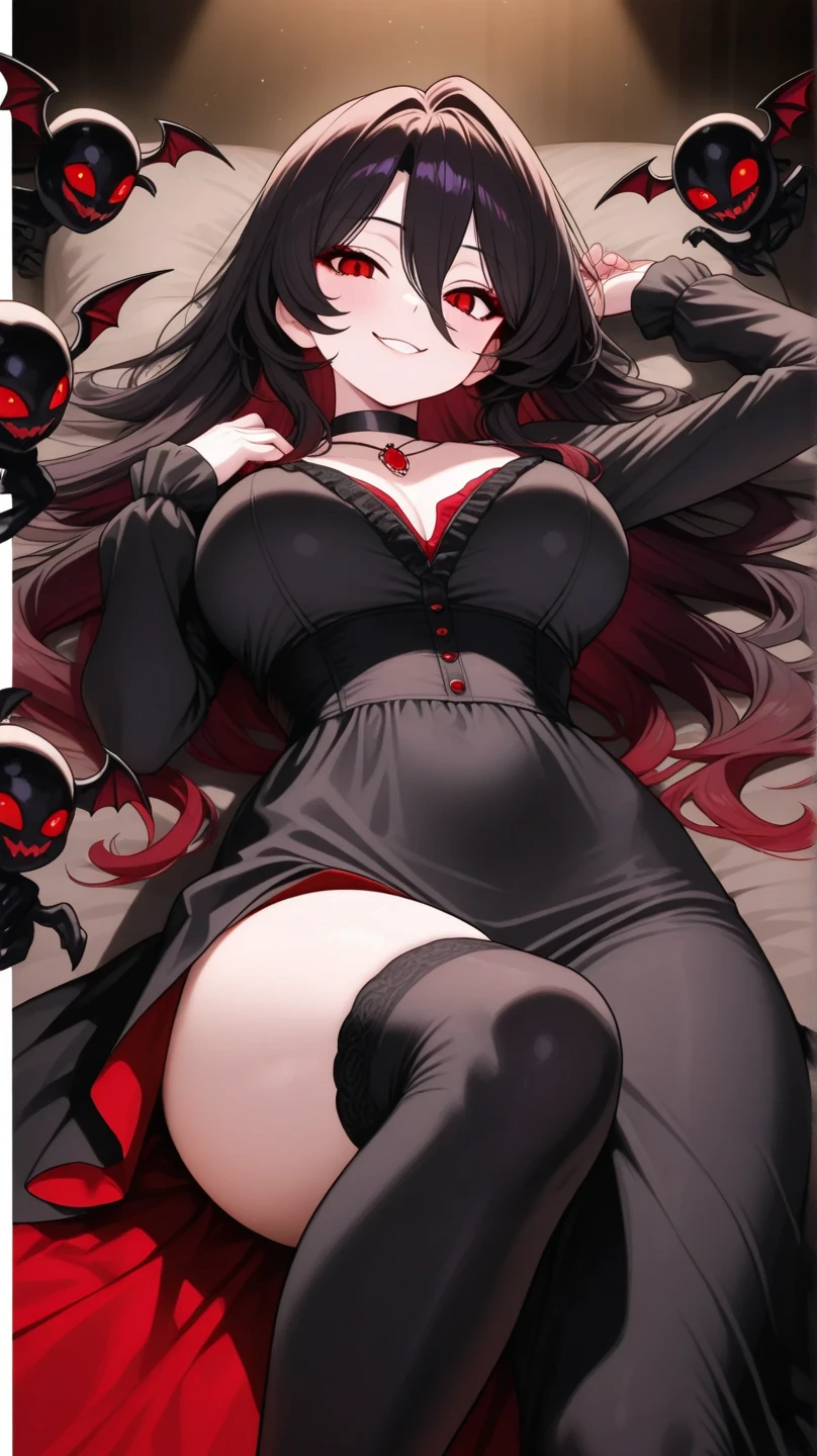 1 a girl, red skinned, yellow irises, blackquality hair, Horns on the forehead, slutty look, blushed face,lace pantyhose, lace lingerie, a finger in the mouth, big breasts 20 centimeters wide and 30 centimeters thick.