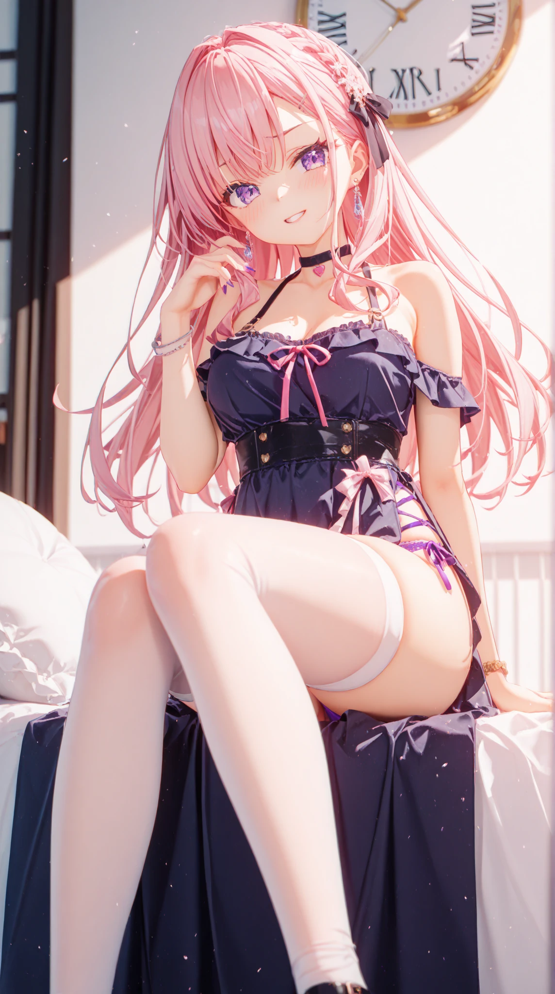the woman is wearing a Maid clothes standing up on the floor, solo, panties, underwear, skirt, (shiny dark pink satin panties:1.3)、panties that cover the butt、garter belt, lying, thighhighs, skirt lift, looking back, realistic , (show off butt crack:1.2)