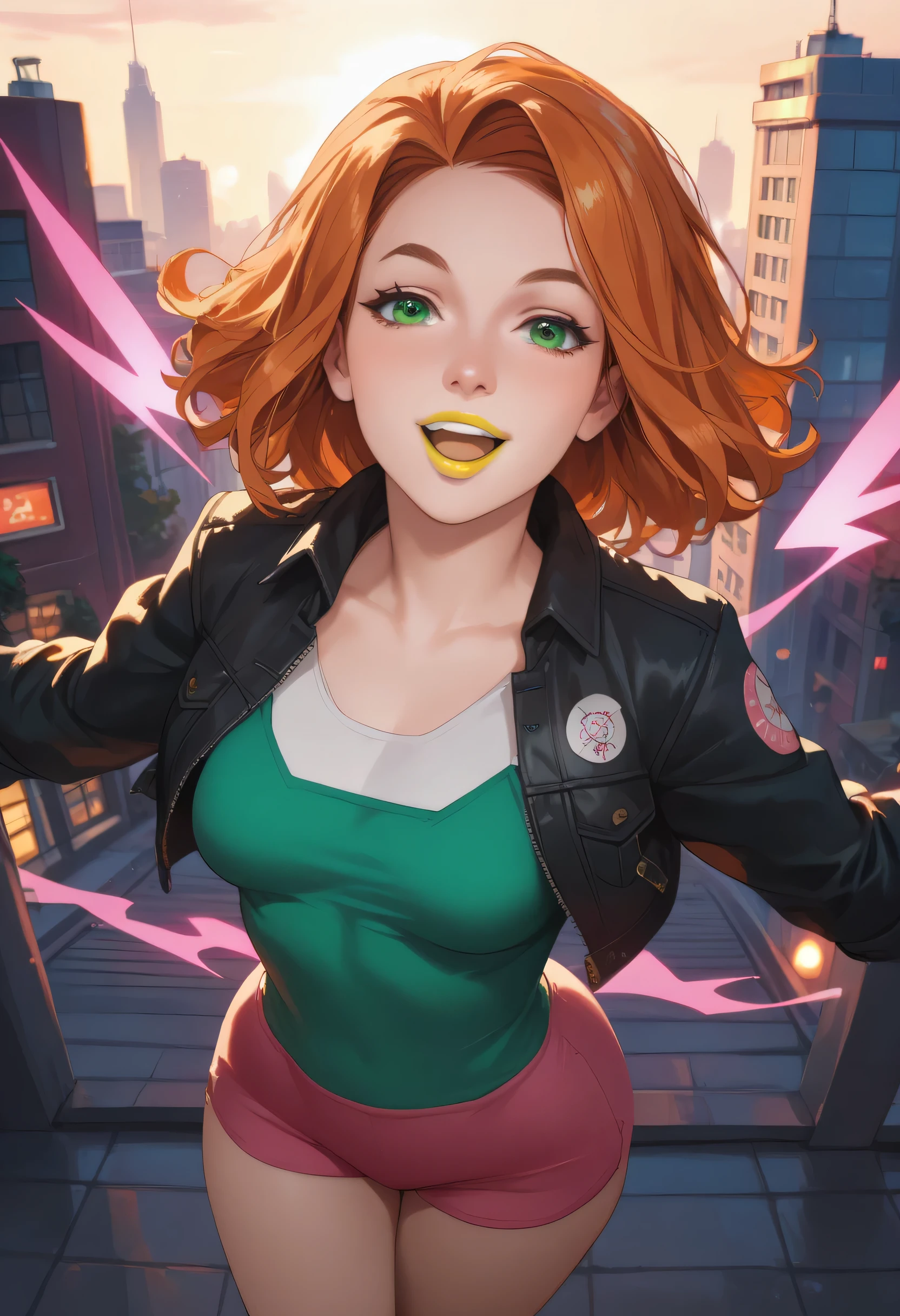 .woman, anime style, yellow lipstick, white skin, green eyes, black jacket, green blouse, orange hair, focus on character, looking at viewer, happy, amazing lighting, city, top view, open arms, wide hips, pink energy, pink energy in hands, shading