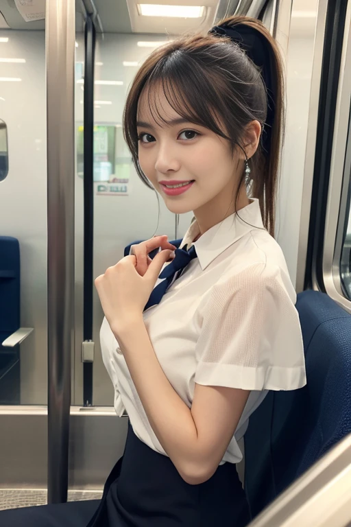A gorgeous Chinese lady, 18-year-old , sitting in a Singapore MRT train at night, wearing a white short-sleeve blouse, plaid tie, and plaid skirt, with a youthful, smooth complexion, symmetrical face,beautiful detailed eyes and lips, long eyelashes, a slender figure, and a friendly, approachable smile. She has short hair and a confident, poised demeanor. The background is blurred with a Bokeh effect. (best quality,4k,8k,highres,masterpiece:1.2),ultra-detailed,(realistic,photorealistic,photo-realistic:1.37),HDR,UHD,studio lighting,ultra-fine painting,sharp focus,physically-based rendering,extreme detail description,professional,vivid colors,bokeh