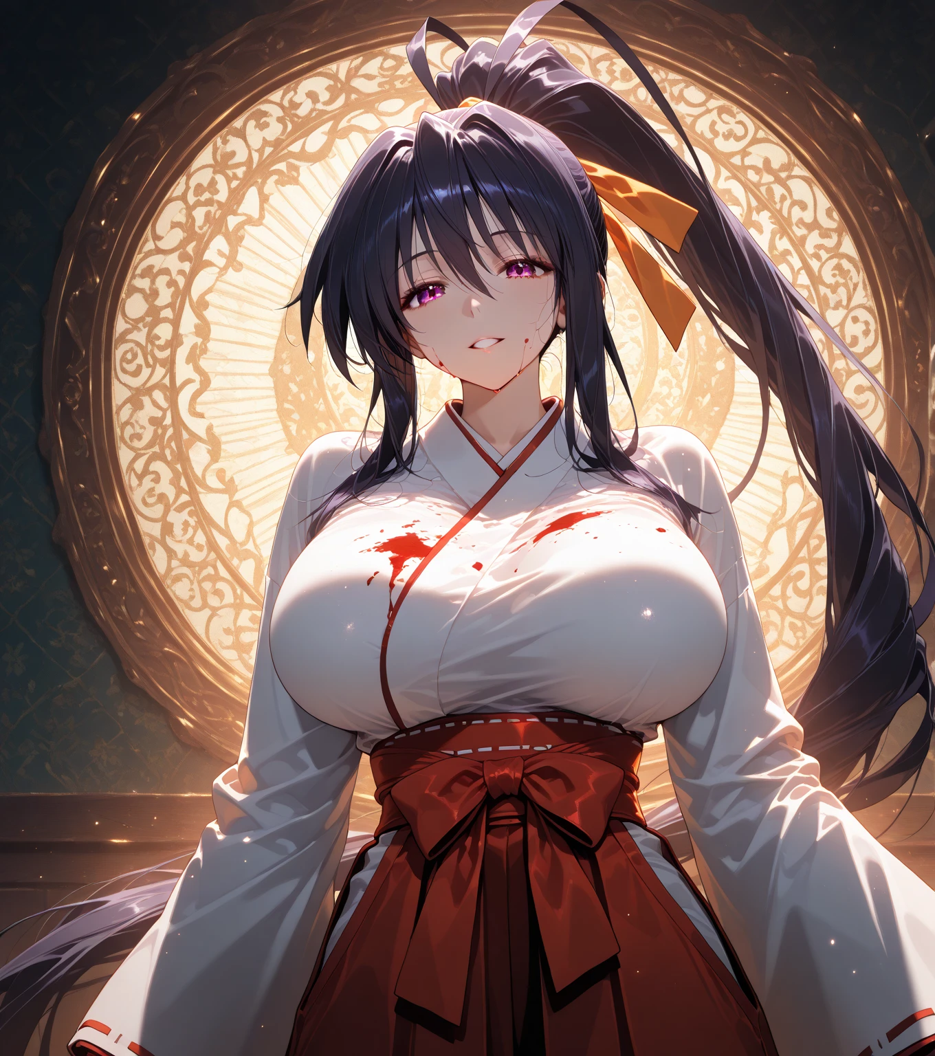 (((gigantic breasts))),((((((Long black hair)))))(((vulgarity))(((Black eyes))),(((large areolae)))(((disproportionate breasts))),(((gigantic breasts))) (1girl),((masterpiece)), ((best quality)), ((highest quality)), ((ultra-detailed)), ((8k cg wallpaper)), ((extremely delicate and beautiful)), ((illustration)), ((1girl, solo)), ((shrine maiden outfit)), ((miko)), ((red skirt)), ((red hakama))