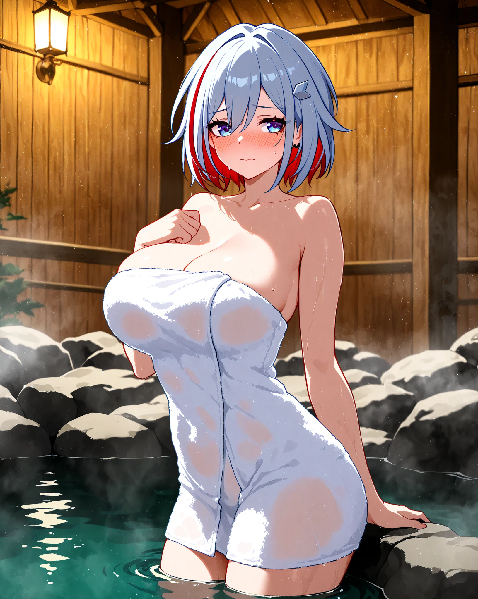 1girl, nsfw, MURAKAMIFUMIO, BLUE HAIR, HAIRCLIP, hair ornament, TWIN BRAIDS, BRAID, HAIR OVER SHOULDER, LONG HAIR, Blue eyes,, empty eyes, large breasts, nipple, shrine, sea, frozen, Wet, crying, Naked, (1girl) Peeing, lactation, projectile lactation