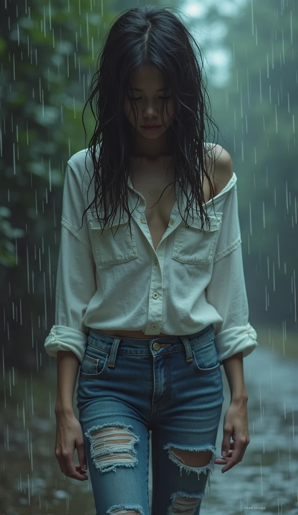 Best image quality, masterpiece, Ultra-high resolution, (Honesty:1.4), photo, 1 girl, White shirt, Ragged jeans, White sneakers, dim, dark, despair, Pity, poor, Movie, Tears, Teardrop, (The clothes are torn:1.5), (Wet clothes:1.4), Bare shoulders, Real rain, Wet hair,..