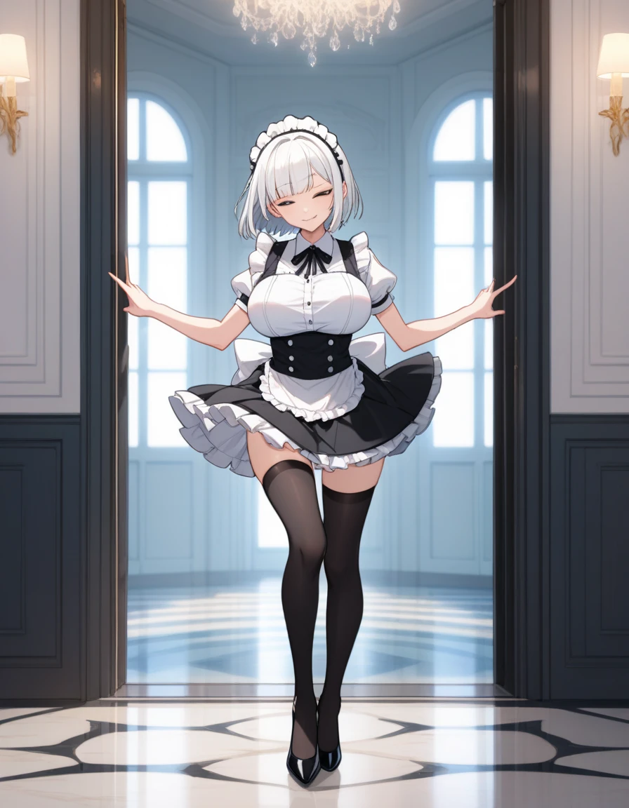 A woman wearing a white maid dress, black skirt, white apron, white tights, white gloves, long white hair, red eyes, big breasts, black heels, smiling, full body, holding a tray perfectly with a cup of coffee and sandwich, (just a tray), walking into a luxury room, background window, projected shadow, anaglyph, stereogram, tachi-e, dot view, atmospheric perspective, 8k, superdetail, accurate, best quality, award-winning, textured skin, high resolution, anatomically correct, bokeh effect, ((solo woman)