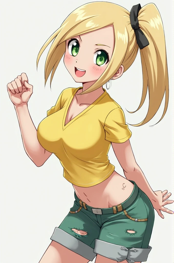 (Best quality:1.1), (Masterpiece:1.4), (Illustration fantastique:1.2), 1fille, cute girl, Yellow hair tied in a large strand covering her right eye, a green eye, a blue shirt revealing her belly, jeans