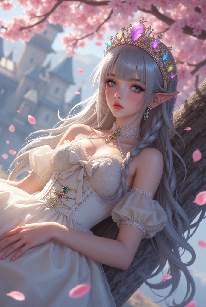 Solid round eyes, faint smile, ears blush, open palms to face the camera, lace tights, sexy, sensual petals falling in the air, wedding dress, long white hair, veil, transparent eye patch, full body, surrealism, shadow, relief, diorama map, tachi-e, pov, atmospheric perspective, verism, from above, overexposure, 8k, super detail, ccurate, best quality, best quality, uhd, anatomically correct, ccurate, masterpiece, high detail, leaf shadow, Head garland, gradient eyes, foliage shadow, long legs, shyness