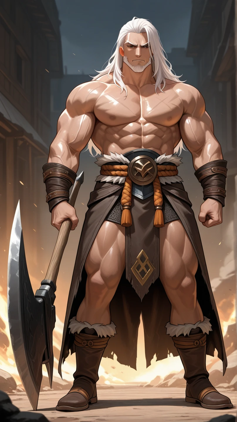 (1man, male, solo), (half-orc:1.5), (dark skin, tall, tusks), (muscular, grin), (short red hair, mahawk haircut), 
(Dungeons and Dragons, character), (bard), 
(Barbarian tattoos, tribal barbarian pants, barbarian armor, boots), (holding object, holding drums), 
(tribal main place background),
8K, RAW, best quality, ((masterpiece, best quality)), ultra high res, colorful, (medium wide shot), full body, (dynamic perspective), sharp focus, (depth of field, bokeh:1.3), extremely detailed eyes and face, beautiful detailed eyes, 