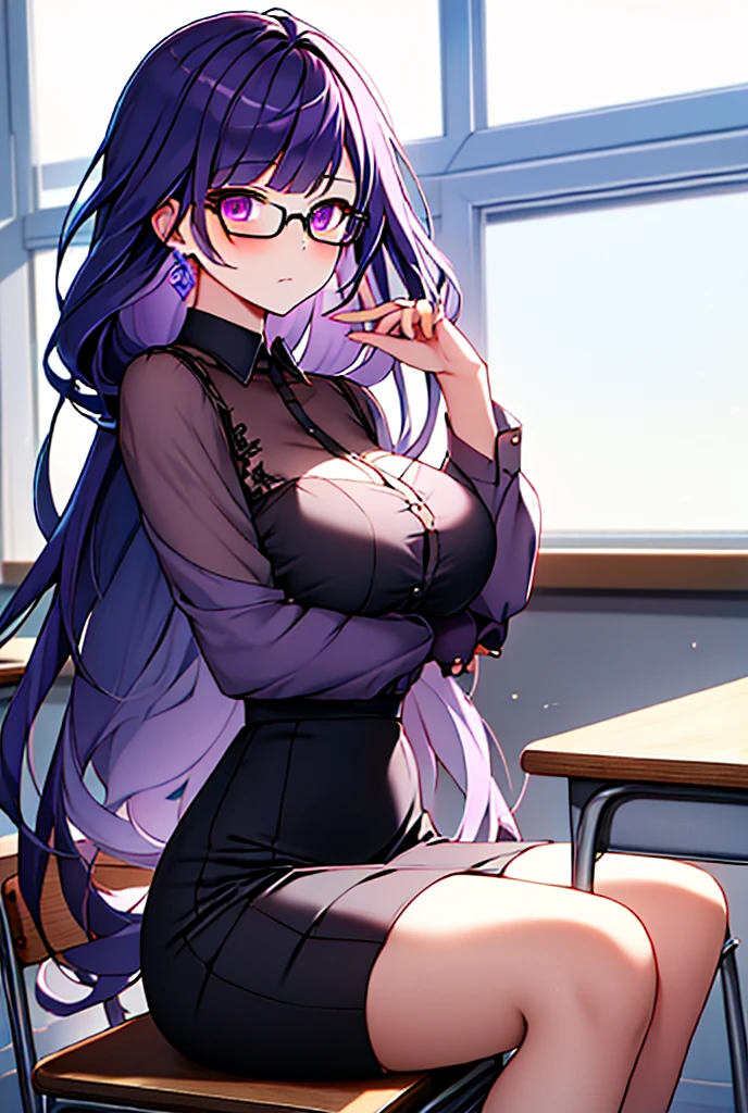 masterpiece, highest quality, Suzune, Purple Hair, Red glasses, Red eyes, White shirt, Cleavage, Lace trim, Pencil Skirt, Garter Straps, Black knee socks, Upper Body, Big Breasts, View Viewer, classroom, From above, Shiny skin, Leaning forward, boredom, smile