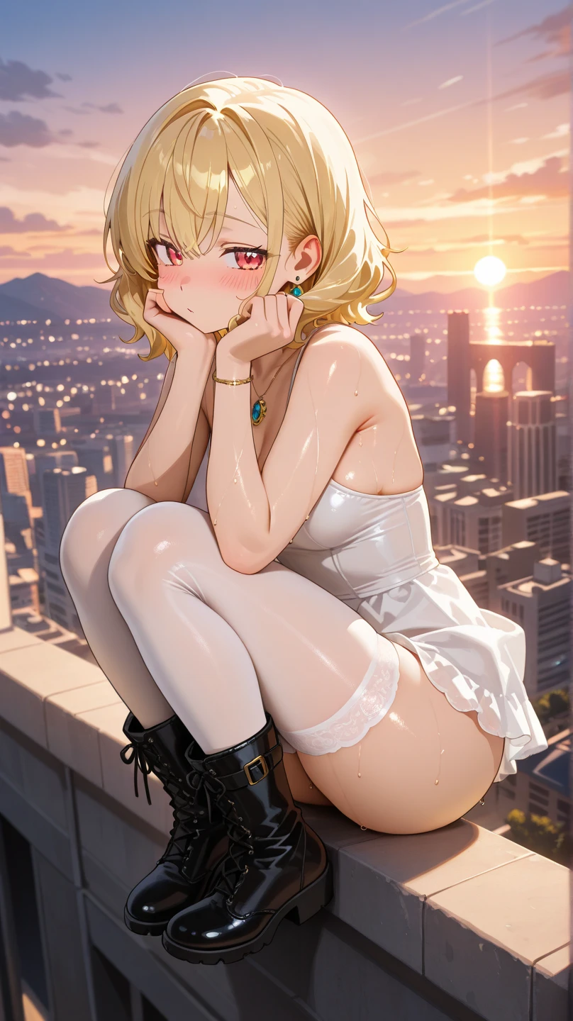 (((work of art))), (((best qualityer))), (((from sideways))), (((World upside down))), (((Cidade flutuante))), ((mint ballet shoes)), ((sitting on the stone parapet)), ((body com capuz)), ((paid lining)), (black pantyhose), hair blonde, spider logo, gradient light, horizont, High sky, colorful cloudy sky, standing alone, 1 girl, big fit ass , sweat, slender figure,