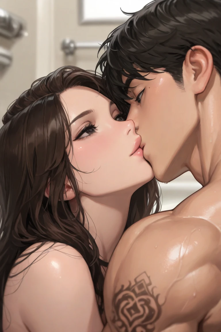high quality, (two  black boys gangbang 30 years old japanese wife), (Double Penetration:1.4), (doggy style:1.5), (detailed brown eyes), (detailed puffy nipples), abs, (black long hair), (shiny skin), (large breasts), (wet body),  (orgasm:1.4), laying, spread legs, anus, (cum on face),