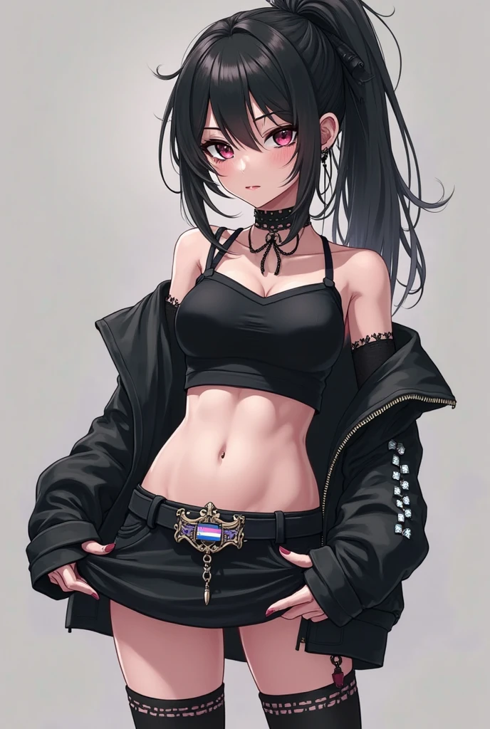 1 girl, solo, anime girl, vampire girl, gloomy coquettefashion, dark coquette, black cardigan, crop top, black skirt, low waisted skirt, thong underwear, blood in clothes, bloody bandages around wrists, (black hair, bangs, long hair, messy hair) heart-shaped pupils, pink eyes, longeyelashes, crazy eyes, smirk, yandere, menhera, fang, anime, depth of field, masterpiece, high quality, ((womb tattoo))