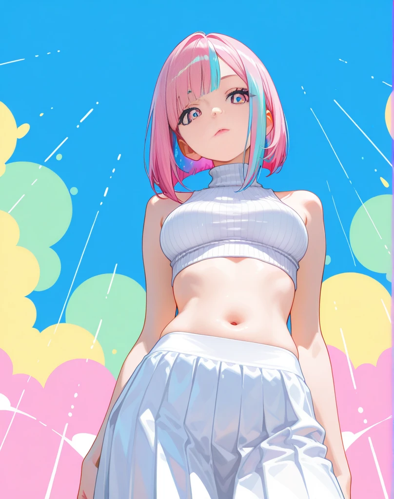best quality, super fine, 16k, incredibly absurdres, extremely detailed, delicate and dynamic, cute girl, pink bob cut, two antennae, big eyes, red pupils, small and cute, blue crop tank top, abs, loose-fitting beige Arabian pants, barefoot, vast expanse of grass, swirling effect of glittering aura