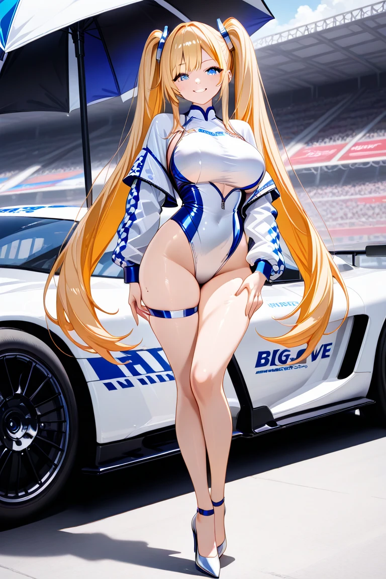 Masterpiece, Best Quality, finelydetail, high resolucion, Extremely delicate and beautiful, Huge breasts, thick-thighs, slim waist, Platinum Blonde Hair, Long hair, hair behind the ears, Drag racing, Midsummer Racing Circuit, race car, Racing Girl, s whole body