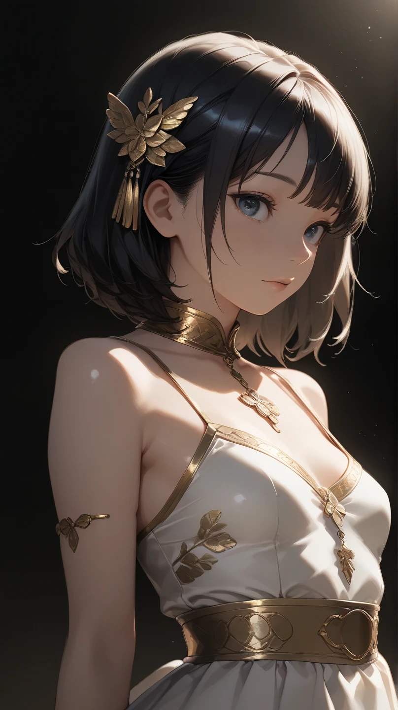 Beautiful cybernetic nude girl looking at camera with realistic masterpiece of detailed muscles in underwear,slenderbody,nipple,Active Pose, actionpose, Loose Ruth |, Gold Parts, fringe, short-haired, back-view, shores