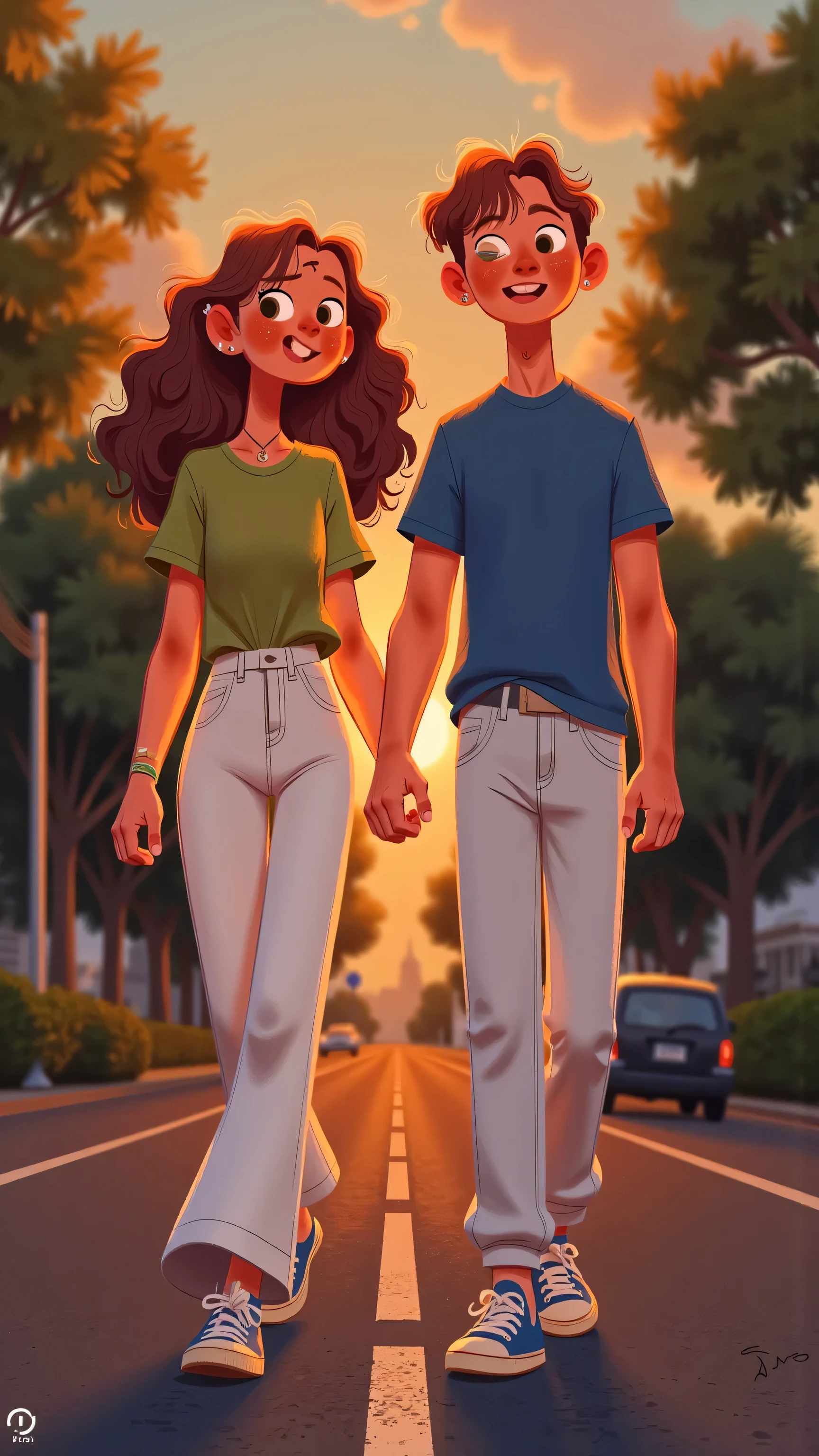 sunset silhouette ending stop illustration:Female protagonist(long brown hair,wearing a green T-shirt and white flared pants,Colorful sneakers)The male protagonist(short brown hair, blue t-shirt,white jeans)side by side on a quiet street,camera back camera tracking,slowly getting farther away。but walking side by side,is depicted by the golden setting of the sun。The road surface and skyline gradually descend into the picture,is empty and quiet。Soft brush texture,despite not working with,A warm and hopeful atmosphere。