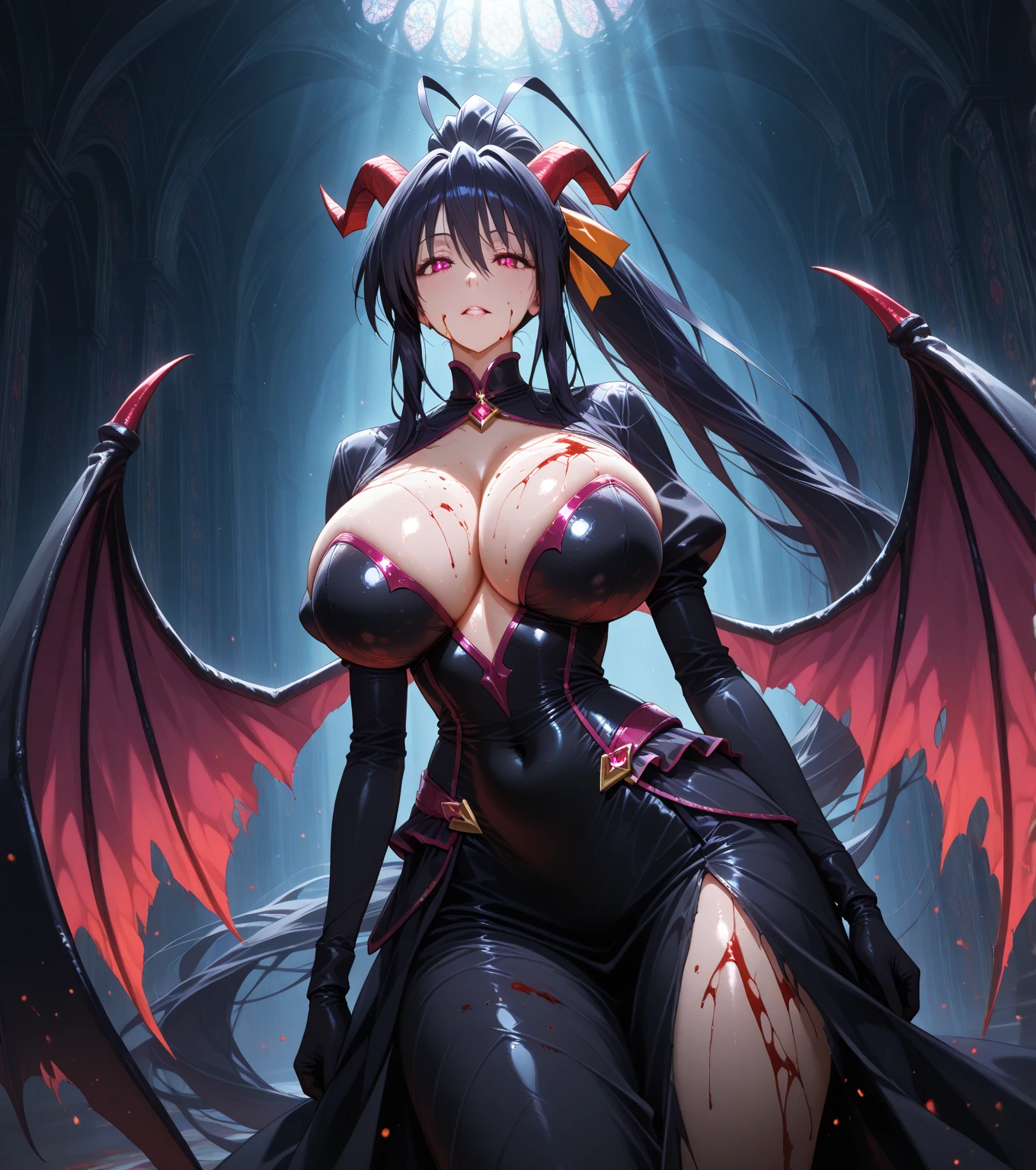 Beautiful succubus, voluptuous figure, provocative black revealing clothes, long black hair, bright red eyes, open mouth with fangs, posing provocatively in front of you and above you in a cave in the night, coquettish smile