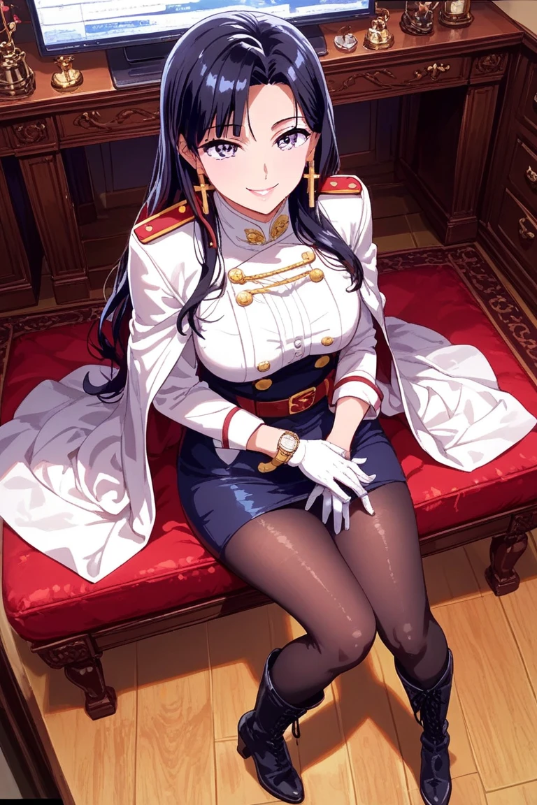 Hews art style, score_9, score_8_up, score_7_up, source_anime, michikotanaka, michiko tanaka, long hair, black hair, yellow eyes, facial mark, forehead mark, BREAK (masterpiece:1.2), best quality, high resolution, (detailed eyes:1.3), perfect lighting, (perfect hands, perfect anatomy), (small breast:1.3), narrow waist, gloves, looking_at_viewer, solo, pantyhose, shirt, blush, white_shirt, jacket, collared_shirt, anime coloring, anime screencap, hair ornament, drunk, open mouth, blush face, crossed legs, ok-sign,