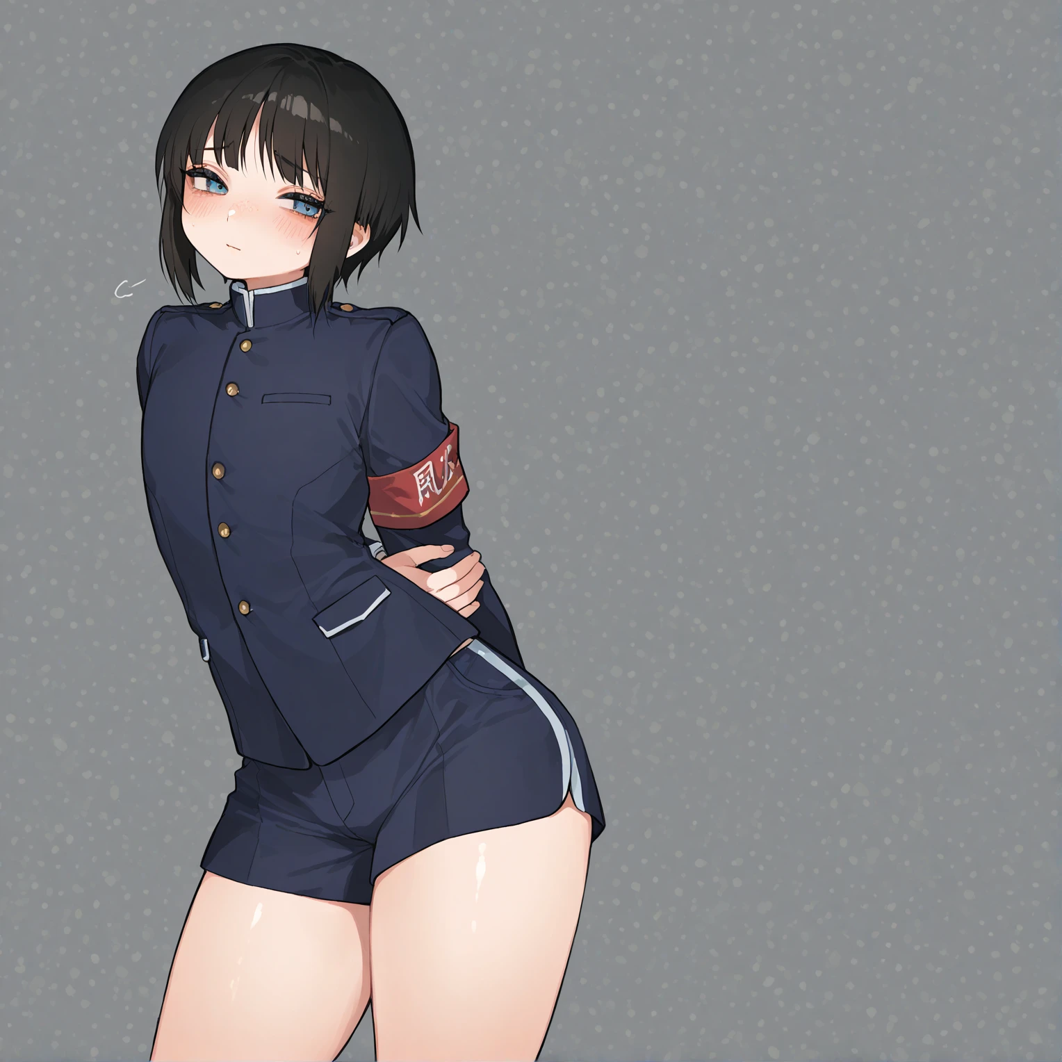 (high resolution, pixel perfect, gorgeous illustrations), (hyper quality, muste piece, etheric: 1.4), ((nsfw)), (((cowboy shot))), face focus, ((1girl)), (((boyish))), ((())), (((((punk))))), hot Rocker punk girl, ((((sexy pose, open stance)))), cool atmosphere, black hair, ((((very_short_hair, slicked_back_hair)))), (((piercing))), eyelid_piercing, nose_piercing, (((Exquisite face, aroused))), blush, tattoo, ((((muscular_female)))), (ideal ratio body proportions, slender, flat chest), fighter, ((((wh_chi_armor)))), ((highleg_leotard_armor)), (((cameltoe))), shiny skin, gleaming skin, simple background,