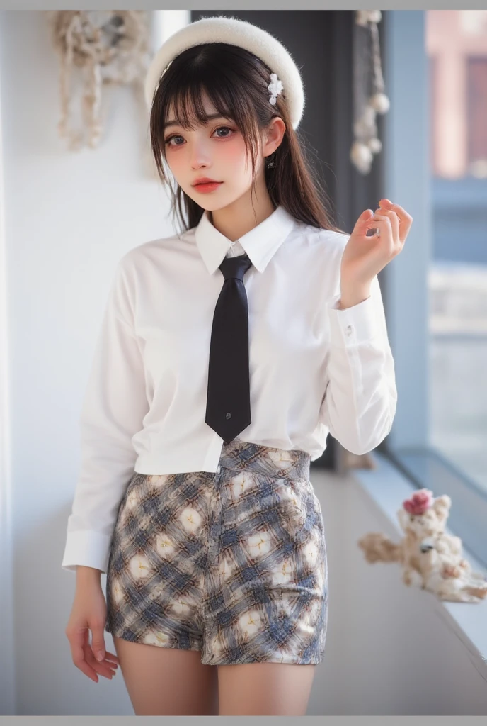 Top image quality、8K、masterpiece:1.3))、Realistic high-quality photos、top-quality、girl cute-fine face、13 years old beautiful Japan girl、Photo of slim little girl model、Beautiful girl model、young japanese girl、Young cute face、japanaese girl、13-year-old female model、Beautiful Model Girl、The innocent look of the girl next door、lovely delicate face、Brown hair、Beautiful brown eyes、Tear bag、drooing eyes、young body、Black pantyhose, Black shorts, Brown coat, coat, Collared shirt, Long sleeves, neck tie, pantyhose, Pantyhose under shorts, Shirt, Short shorts, Shorts, sleeves past wrists, White shirt, wing collar,