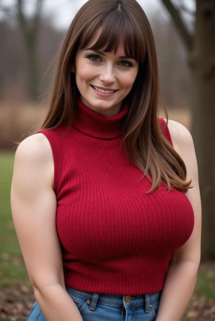 high quality photograph mature redhead woman, detailed face, (laugh expression), lustful physique, shiny and pale skin, beauty woman, nun, nun detailed apparel, seductive figure that captures attention dressed in black nun apparel, slim body, tight-fitting outfit, slim-fitting outfit, detailed body shape, cleavage apparel, ((huge breasts)), ((large breasts)). standing on an open area on top of a mountain, in the background a natural valley can be seen, splendid green nature, natural landscape, mountains, valley, forest, details of nature in the surroundings. [depth of field] ((intricate detail, Detailed textures)), bright lighting, soft lighting, Global illumination, Clear facial features, ((Create ultra-detailed image textures, capturing every detail with precision)).