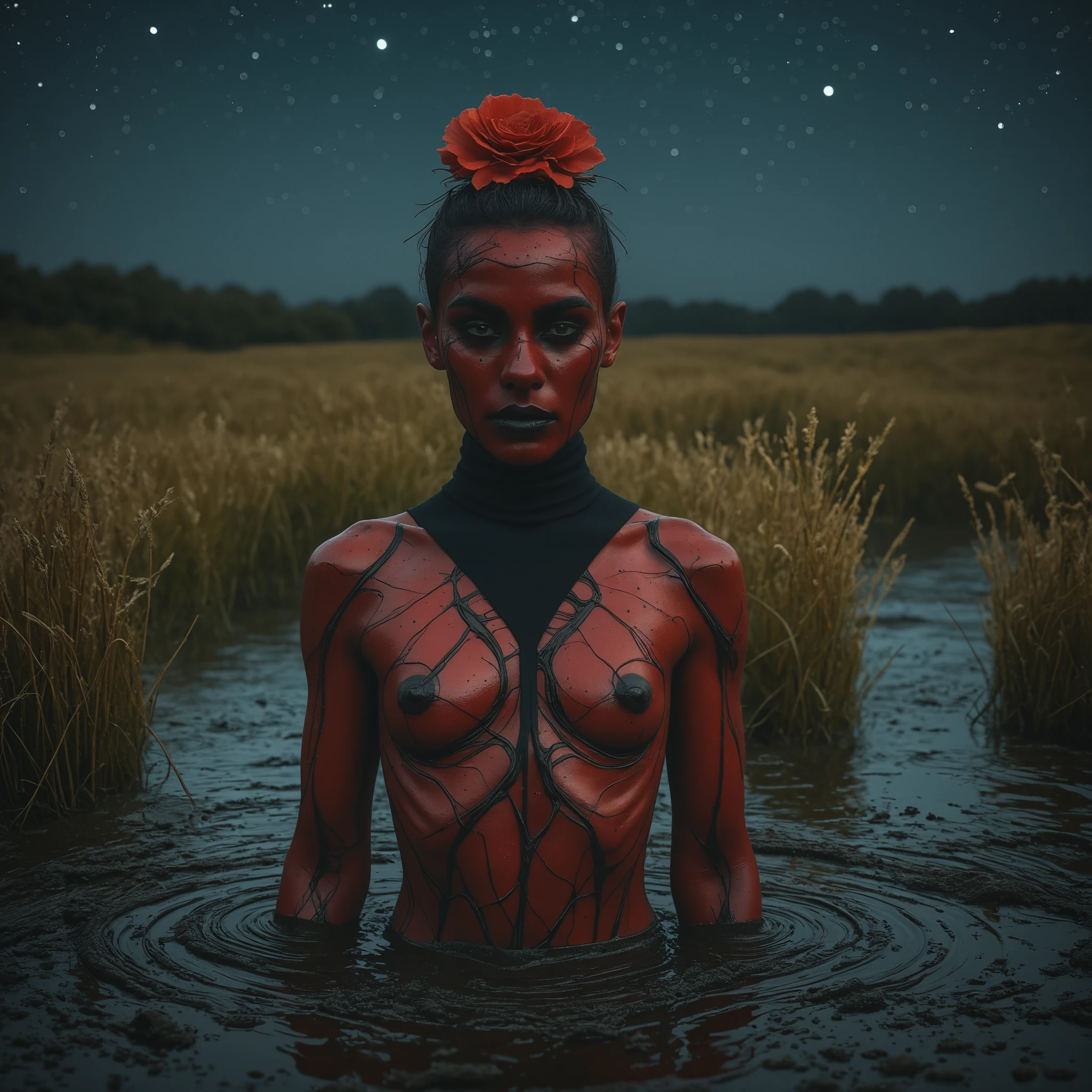 . (dark skin, red skin). /[very detailed skin, (realistic skin:1.2), Realistic skin details, skin imperfections, Visible skin pores, some blackheads on the skin, Skin with a little bit of hair, textured skin, Extremely Detailed Natural Skin, Skin dents]/. mrunaltflx, hinaigirl,. artistic composition, masterpiece, adult psychological drama , black night light  , mid-aged woman drowning in mud bog, gray sludge, duckweed reeds,  bold ritual victim makeup  , black turtleneck ethnic pattern accent, artistic attention-grabbing illustration,  floral  hairstyle, red  black  , stars sky, kinky provocative standing, photoshoot posing, 