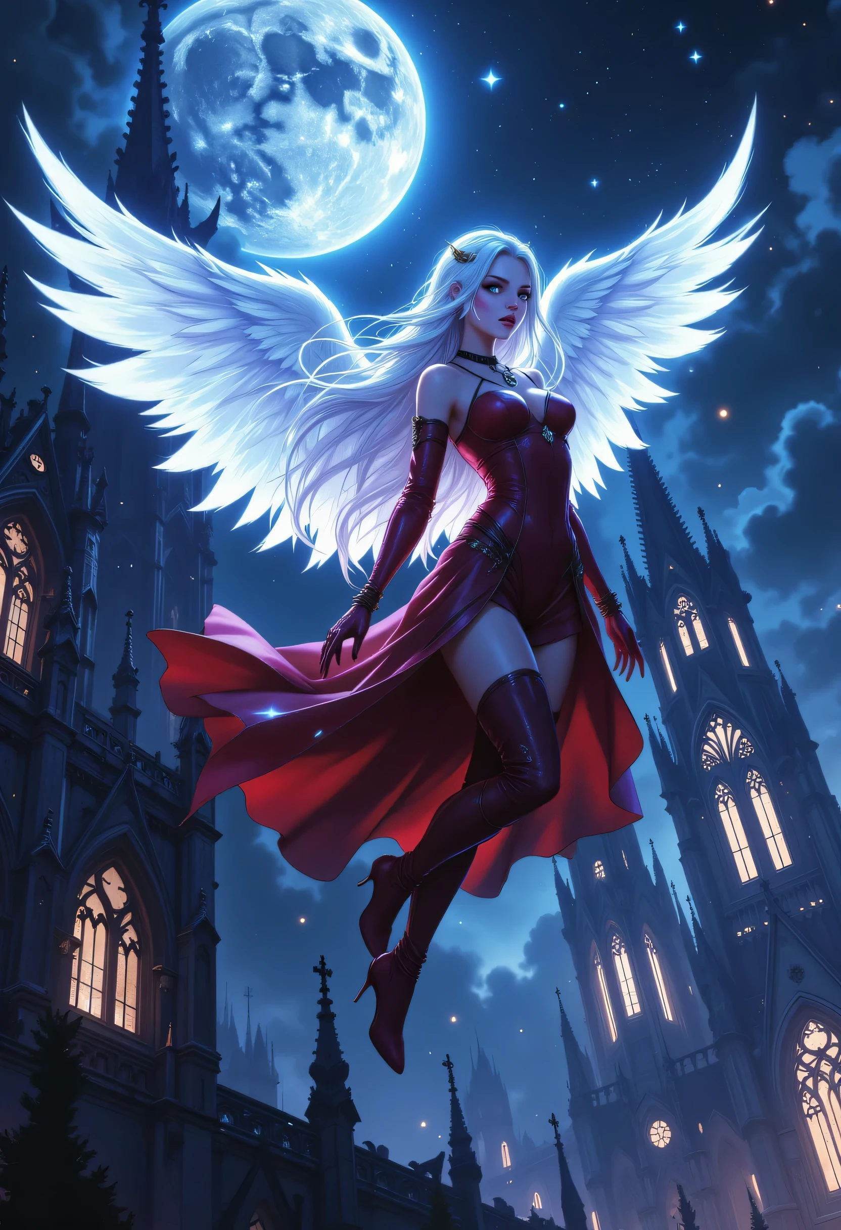 aasimar, female, white angelic wings spread , flying over a fantasy goth church at night, at night, full moon, some stars, wearing red leather dress, small cleavage, high heeled boots, shiny silver hair, long hair, blue eyes, black hair, long hair, ponytail, bead necklace, anchor choker, makeup, dnd art, god rays, Gothic art, cinematic lighting, glowing light, silhouette, ultra-wide shot, from outside, Wide-Angle, Ultra-Wide Angle, 16k, highres, best quality, high details Celestial Fantasy, zavy-ctcmcs, hyp3rd3tail style, Celestial Fantasy, zavy-dtlnm, glow outlineת