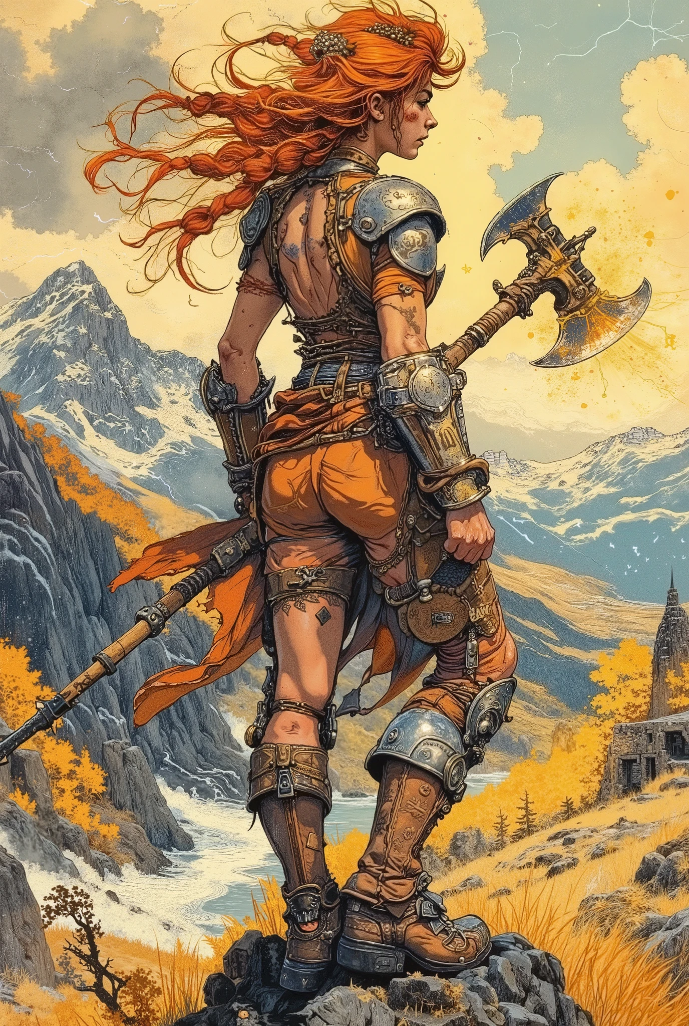 The Japanese manga-style poster depicts a ferocious berserk dwarf woman, her muscular back decorated with intricate runic tattoos, standing atop a rocky mountain peak. Her wild fiery red hair, braided in gold rings, flutters in the wind. She wields a massive double-edged battle axe that sparkles with lightning. Her armor is made of thick leather and shiny steel plates of dwarves, decorated with ancient patterns. A bearskin cape flutters behind her, fluttered by the gusty Alpine winds. The angle highlights her broad shoulders and determined posture when viewed slightly from above and behind. In the distance, thunderclouds are ominously gathering, casting dramatic shadows on the uneven landscape. Rays of golden sunlight break through them, illuminating the dwarf's armor with dazzling brilliance. The rocky terrain is dotted with ancient dwarf ruins, hinting at a vanished civilization. A masterpiece, 8K resolution, super detailed epic fantasy scene.