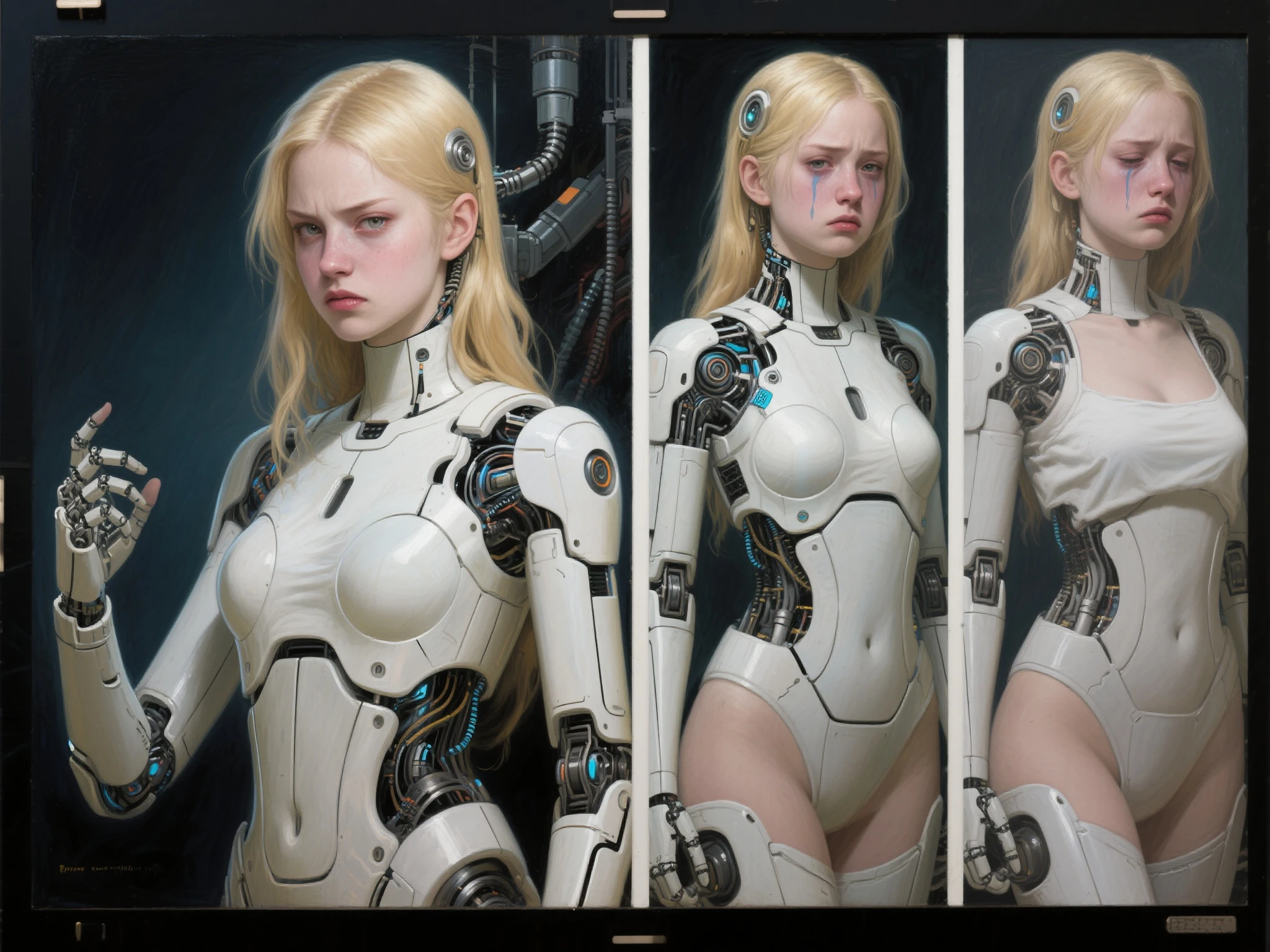 (best quality,4k,8k,highres,masterpiece:1.2),ultra-detailed,(realistic,photorealistic,photo-realistic:1.37),(bestselling female sex android:1.2),(gorgeous, perfect irises, perfect lips, perfect teeth),(flawless skin, soft front lighting, glow, HDR),(soothing colors)An exhibition showcasing AI-equipped autonomous female androids exhibiting various sex positions, adorned with a beautiful face and seductive gestures. The androids' eyes, lips, and faces are exquisitely detailed, creating a mesmerizingly realistic appearance. The exhibition is a masterpiece of modern art, combining the mediums of sculpture and technology to blur the boundaries between human and machine. The androids' bodies are crafted with ultra-realistic materials, utilizing physically-based rendering techniques to achieve a photorealistic effect. The lighting is carefully designed to accentuate the androids' features, with studio lighting creating a captivating atmosphere. The colors exhibit a vivid and alluring palette, enhancing the seductive nature of the exhibition. The exhibition boasts high-resolution visuals, such as 4k and 8k displays, allowing visitors to immerse themselves in the intricate details of the androids' bodies and expressions. The scene is further enhanced by elements such as bokeh, creating a dreamy and ethereal ambiance. The exhibition combines elements of photography and concept art, resulting in an innovative and provocative art form. (NSFW:1.5), Her chest, stomach, and genitals are covered with artificial skin. Sex androids have beautiful, sexually attractive faces that are so detailed that they are indistinguishable from real humans There are Italian girl, Russian girl, Saudi girl, and Japanese girl types. Their eyes are blue.
