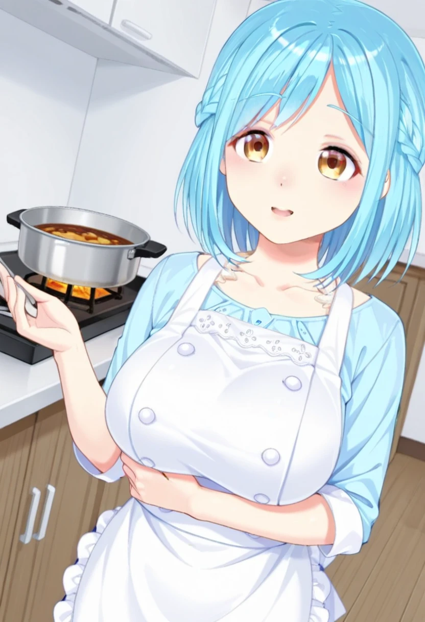 (anime artwork, anime style, studio anime, very detailed, up to date, vibrant, Anime Coloring, high contrast, masterpiece:1.2, best quality, best aesthetics),2 girl, Medium chest, A glimpse of thighs,random hair, One eye is hidden by the bangs, perfect proportions, high detail skin, Cute, detailed faces,kitchen, precise fingers,curvy, large breasts,cooking,apron on naked body,