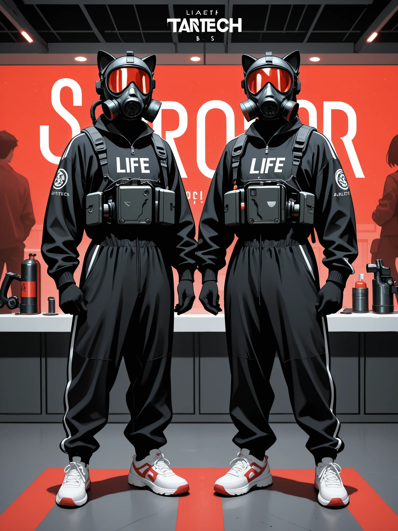 Logo in a futuristic style, with the text "Life Meow". Cartoon of two people standing together, holding guns and wearing gas masks with black tracksuits underneath and white shoes. The background is a solid red color, and the art is in a vector style with an anime aesthetic. A large logo at the bottom says "Lantech/VECTOR". The woman has cat ears. -