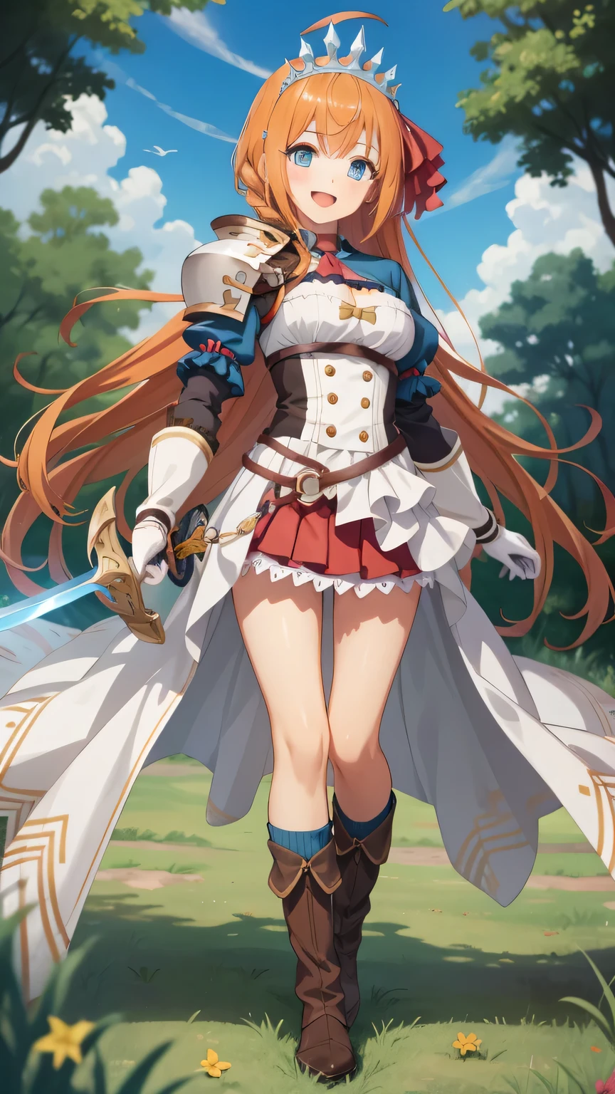 {{{masterpiece}}}, (best quality:1.5), (ultra-detailed:1.5), {illustration}, {{an extremely delicate and beautiful}}, (beautiful detailed eyes:1.6), absurdres, highres, extremely detailed face, 16k, hd, visual anime de uma jovem mulher, extremamente bonito rosto de anime, anime melhor garota, (perfect hands, perfect anatomy), anime face, Pecorine(Princess Connect!), aapeco, 1girl, solo, cute face, orange hair, very long hair, (straight hair:1.4), tiara, {hair ribbon(red)}, hair braid, (ahoge:1.2), bangs, sidelocks, blue eyes, Eye highlights, gradient eyes, medium breasts, big hips, curvaceous, BREAK, white dress, double-breasted, open clothes, open dress, puffy short sleeves, puffy sleeves, red ascot, cleavage, shrug (clothing), short sleeves, armor, single pauldron, shoulder armor, arm belt, white gloves, pauldrons, (white loincloth:1.3), pleated skirt, (red skirt:1.3), white petticoat, (blue knee socks:1.3), (Short boots:1.3), white footwear, BREAK, female swordsman, weapon, 1 sword, long sword(princess sword), blue sword, holding, (hold a sword with both hands:1.2), with sword in hand, BREAK, sorriso alegre, open mouth, visual anime de uma jovem mulher, extremamente bonito rosto de anime, anime melhor garota, outdoor, sky, daytime, forest, field