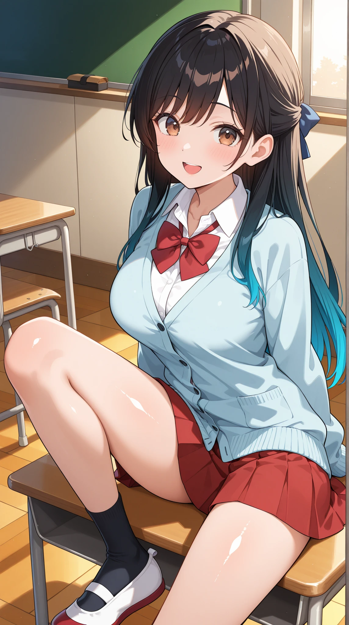 drunk girl ((mischievous smile)) ((messy uniform))((messy school uniform)) ((blushing)) ((sitting)) ((Brown hair)) ((the plan)) ()thin and very not voluptuous body)) ((small breasts)) ((small hips))