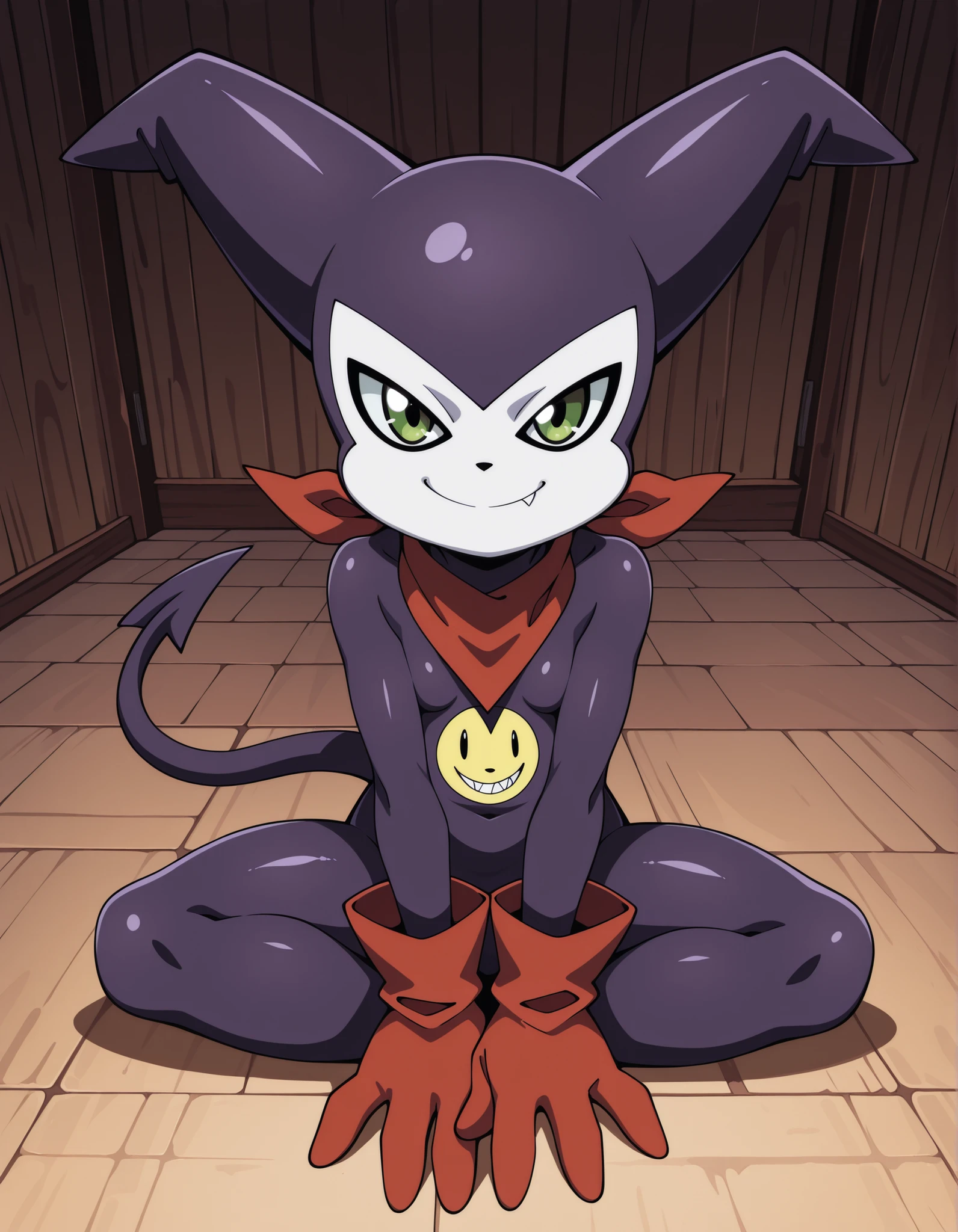 masterpiece, best quality, very aesthetic, absurdres, anime coloring 1girl, female, small breast, impmon, solo, full body, no humans, demon, purple skin, white skin, multicolored skin, tail, green eyes, red gloves, digimon (creature), bandana around neck, looking at viewer, smile, fang, sitting,