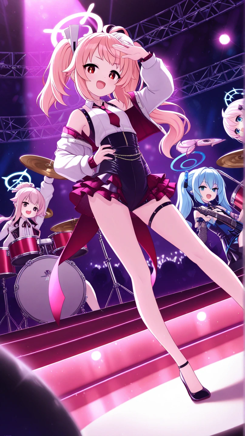 "A wide-format anime-style illustration of five high school girls performing a live concert on stage. Each girl is playing her instrument with passion: one is singing into a microphone, another is playing the drums, while the others are on guitar, bass, and keyboard. The girls are dressed in stylish outfits that reflect their individual personalities. The stage is lit with colorful spotlights, and there are speakers and amps set up around them. The background shows a large stage setup with vibrant lights creating an energetic atmosphere. The overall scene captures the excitement and dynamic energy of a live performance in a moe anime."