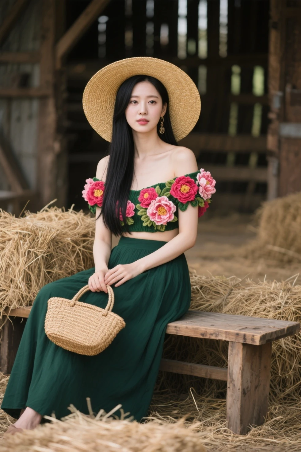 A woman in a flower dress and hat., Ella es Mexicana, Mexican, skull, melee, catrina Hermosa mujer Mexicana, Vaquero Mexicano, 8k)), Inspired by Sim Sa Jung, Folclore Mexicano, Folklore, traditional suit, wear a hat, tulip background, sexy, smile, dynamic pose, studio shot