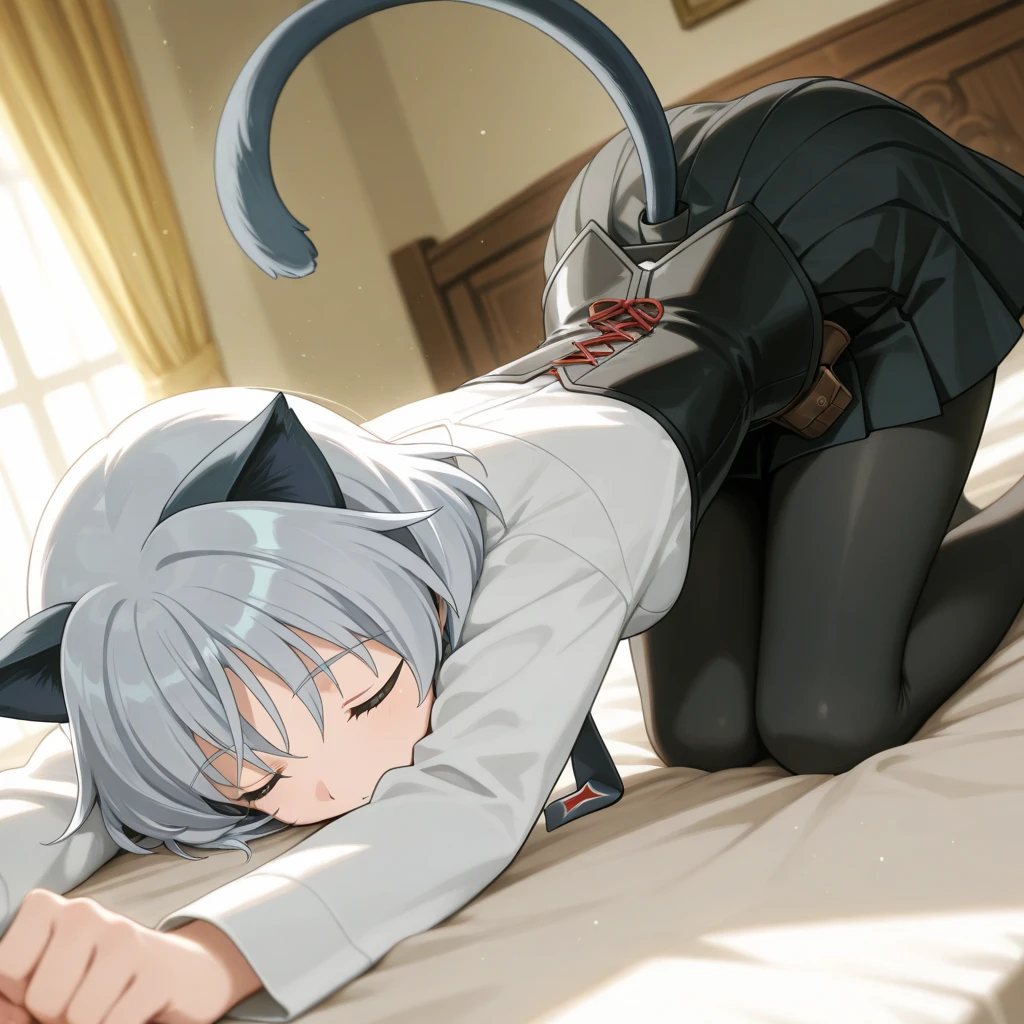 nsfw,1girl and 2boy,best quality,very aesthetic,,8K,Highest quality,masterpiece,Highest quality,anime girl with white hair and black ears and a black dress, ahegao, anime girl with cat ears, , ahegao face, girl with cat ears, cute anime catgirl, loli, Ecstatic expression, white haired deity, , lolish,Virtual Youtuber, cleavage, bottomless,(1man and 1woman, having sex:1.8),top down bottom up,fellatio,cum in mouth,pussy juice,penis,steam,,drool,bed room,ass pov,