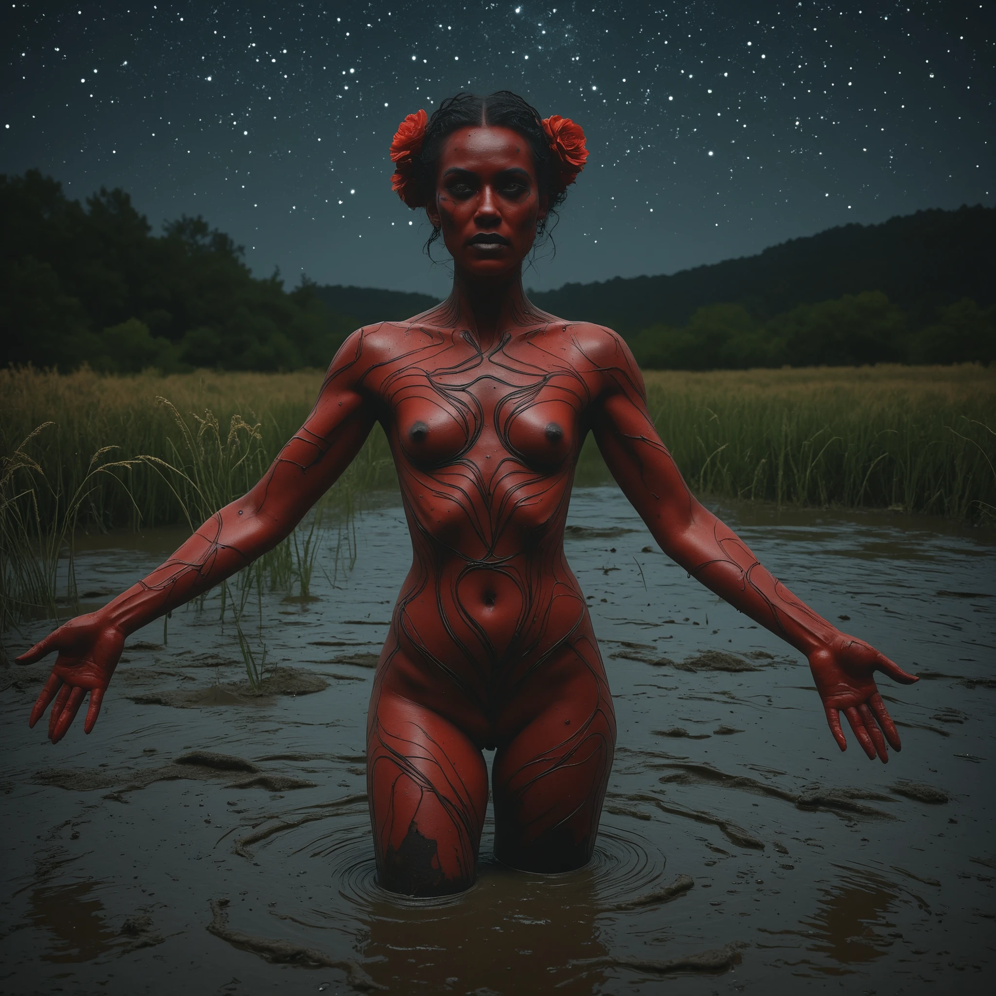 . (dark skin, red skin). /[very detailed skin, (realistic skin:1.2), Realistic skin details, skin imperfections, Visible skin pores, some blackheads on the skin, Skin with a little bit of hair, textured skin, Extremely Detailed Natural Skin, Skin dents]/. mrunaltflx, hinaigirl,. artistic composition, masterpiece, adult psychological drama , black night light  , mid-aged woman drowning in mud bog, gray sludge, duckweed reeds,  bold ritual victim makeup  , black turtleneck ethnic pattern accent, artistic attention-grabbing illustration,  floral  hairstyle, red  black  , stars sky, kinky provocative standing, photoshoot posing, 