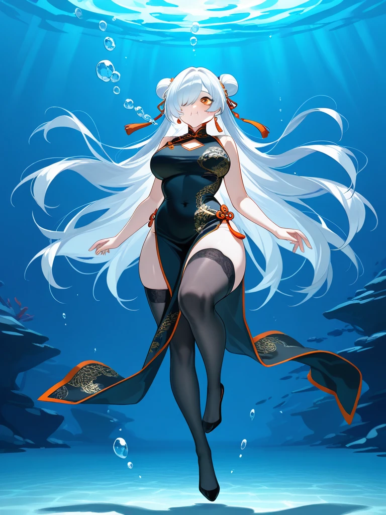 anime illustrated、Dark Fantasy、A silver-haired black shrine maiden floating in the water.、Huge shrine on the ocean floor、Brilliant coral reefs、thick thighs、ocean serpent、floating red jellyfish、Colossal tits、Plump body、Exposing breasts