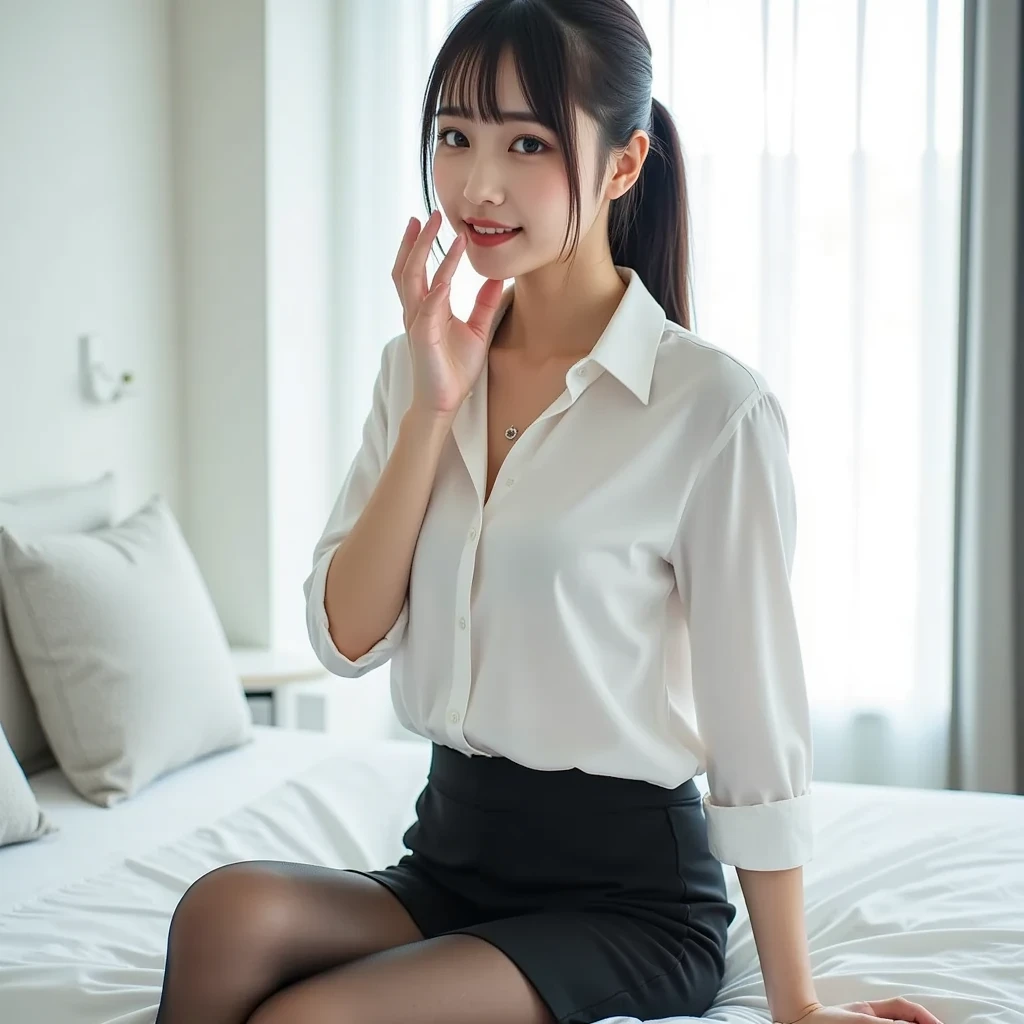 top-quality、facefocus、(depth of fields)、超A high resolution、(Photorealsitic:1.4)、Raw photography、(upper thigh:1.4)、(Since a while ago)、1日本人の女の子, 独奏, cute little, (25-years old), (Cheerful smile:1.1), (Brown-eyed), detailed beautiful faces, (Medium Hair,Upstyle),(Plain see-through sheer shirt 1.3)、Lower body is only white underwear、I wear light tights、(Sit with your legs wide apart),(huge breasts1.3),On a plush bed